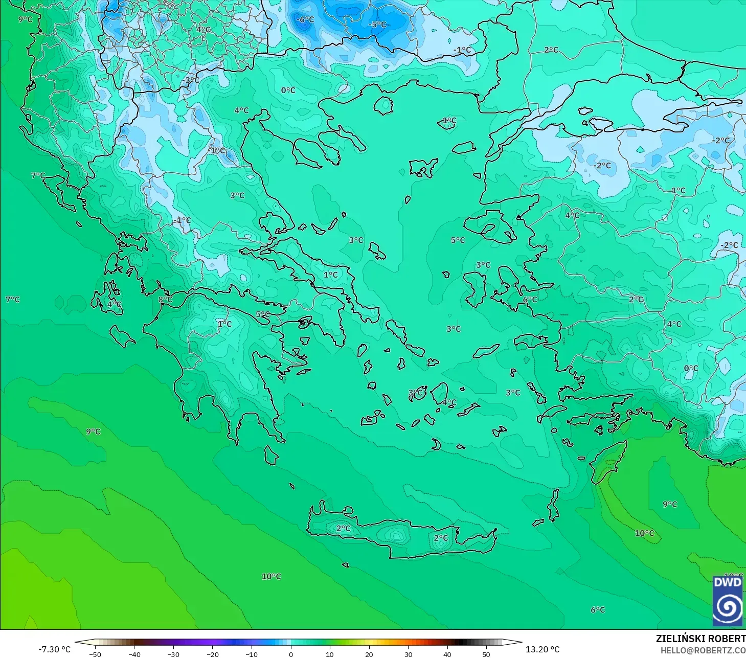 ICON modelo - Grécia, Temperatura a 850 hPa