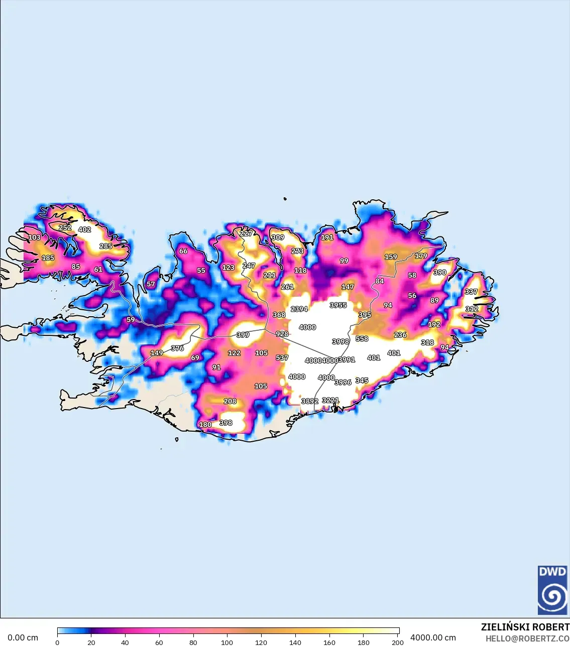 ICON modelo - Islândia, Profundidade da neve