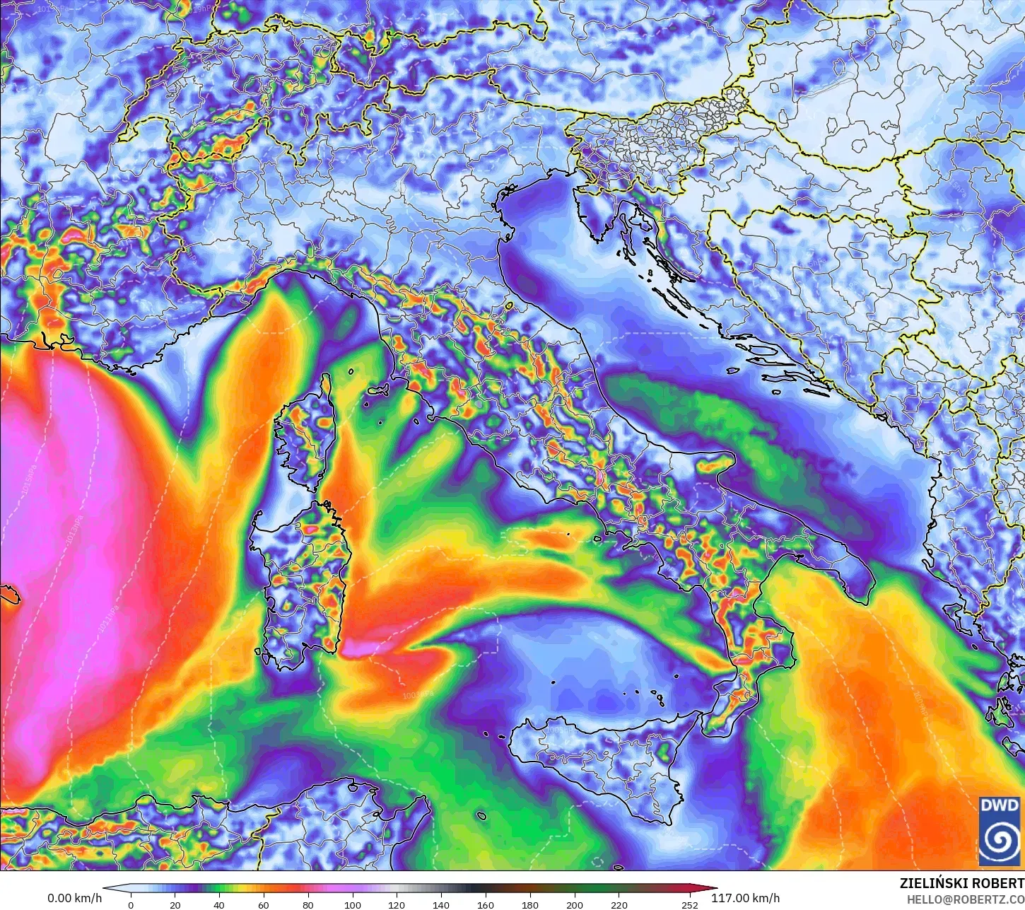 ICON modelo - Itália, Rajadas de vento