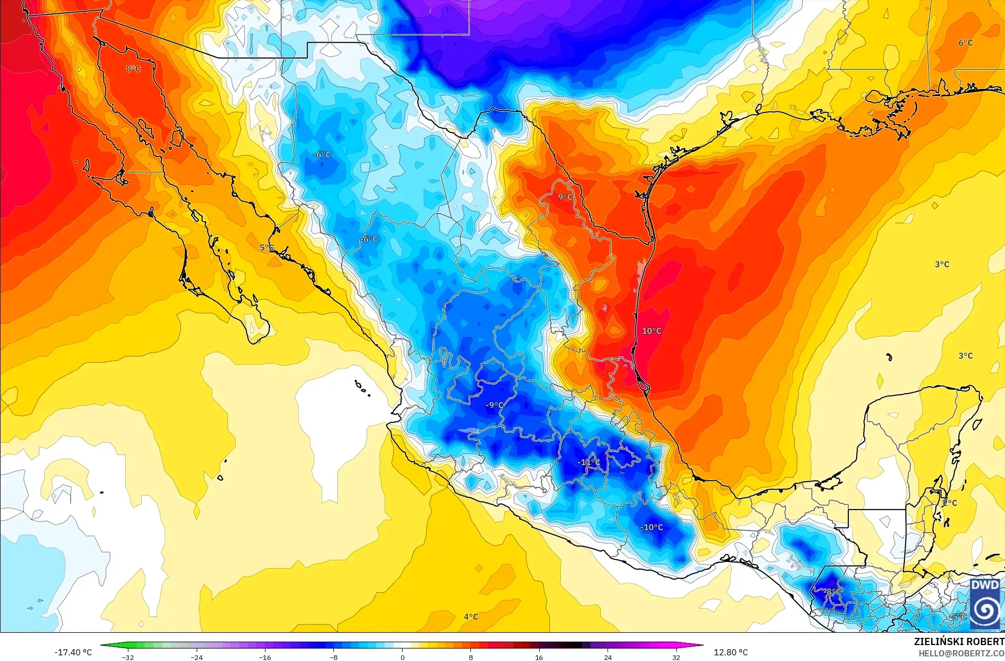 ICON modelo - México, Anomalia de temperatura a 850 hPa