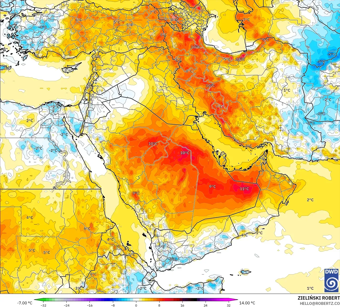 ICON modelo - Oriente Médio, Anomalia de temperatura a 2 m
