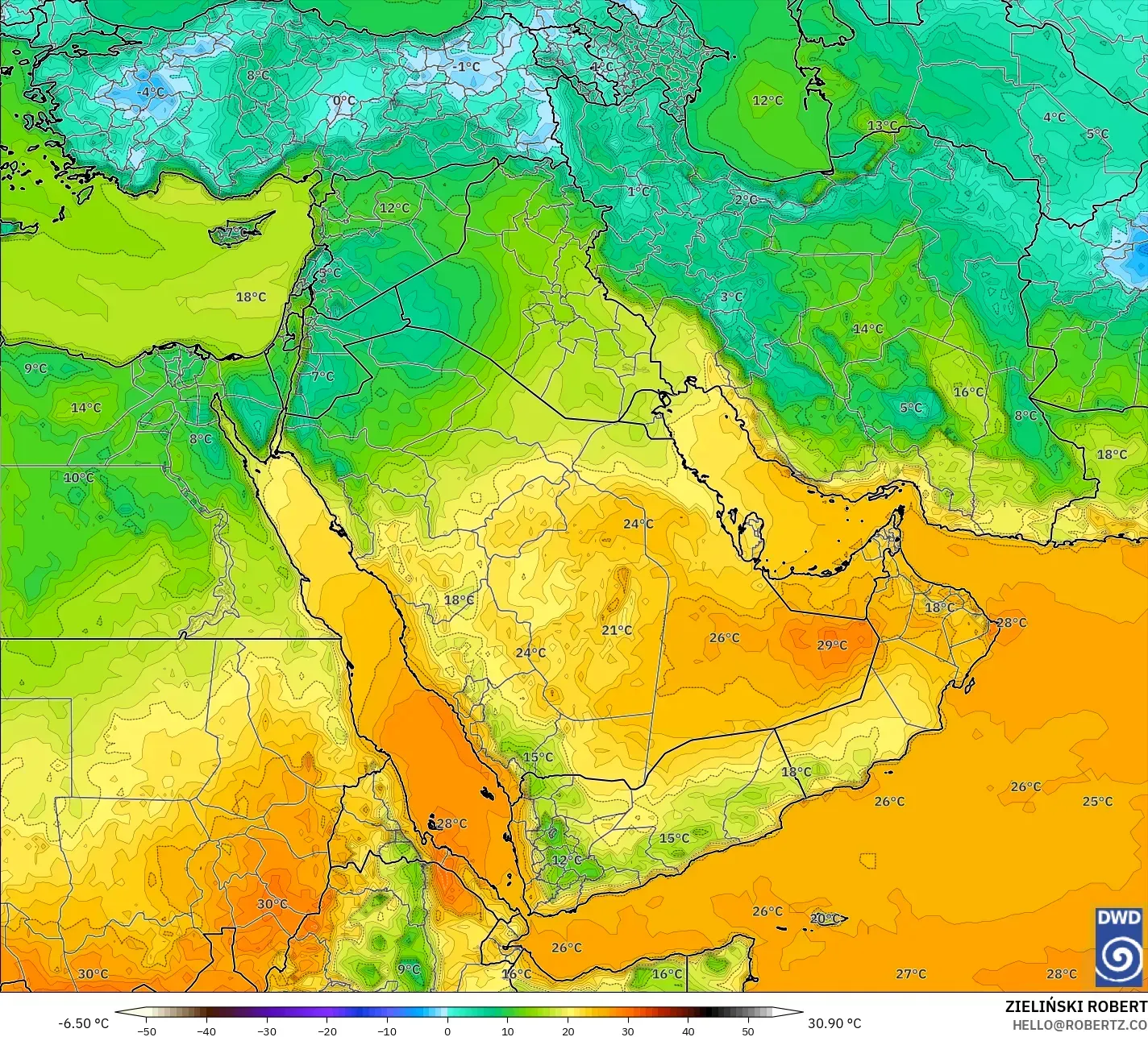 ICON modelo - Oriente Médio, Temperatura a 2 m