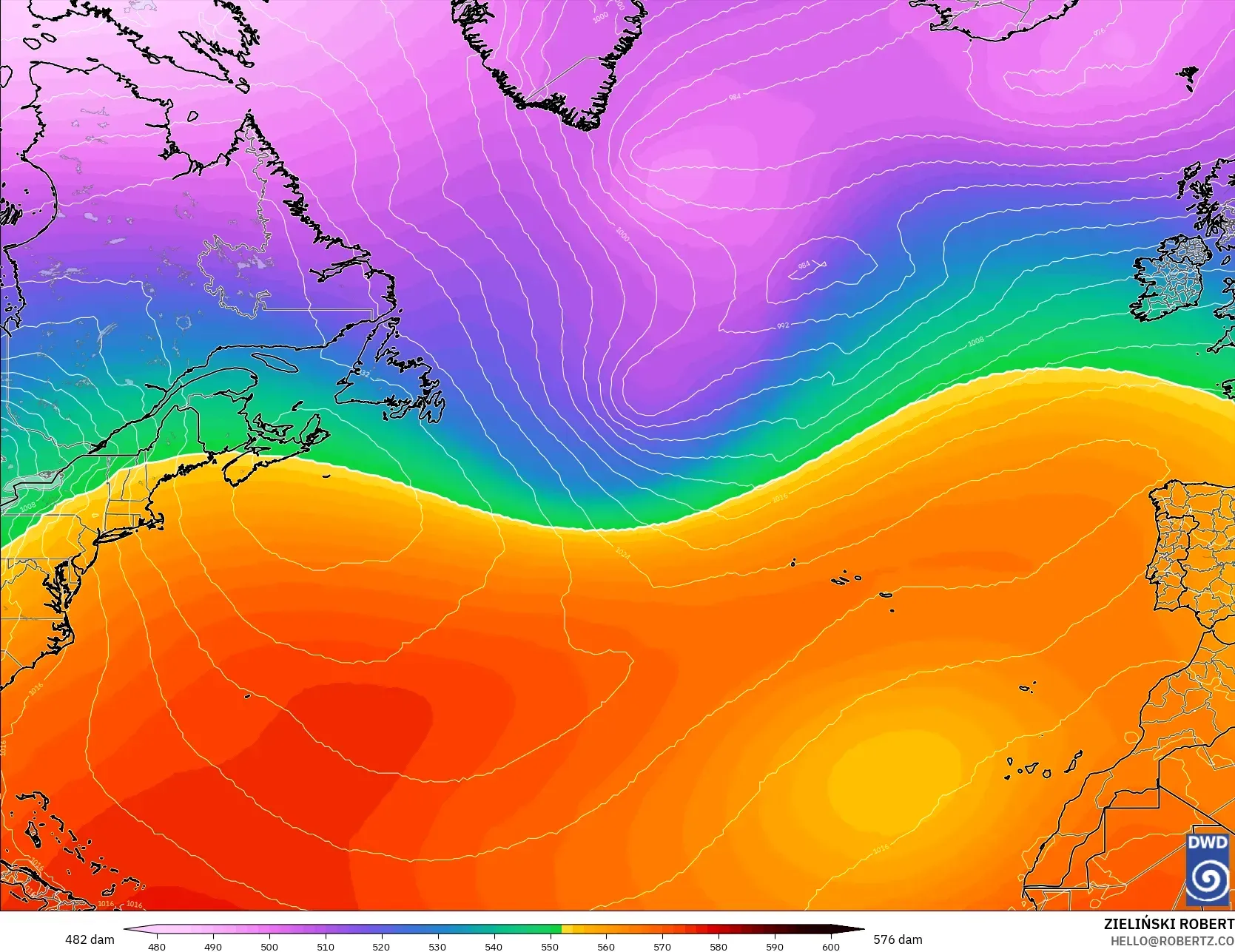 ICON modelo - Atlântico Norte, Altura geopotencial a 500 hPa