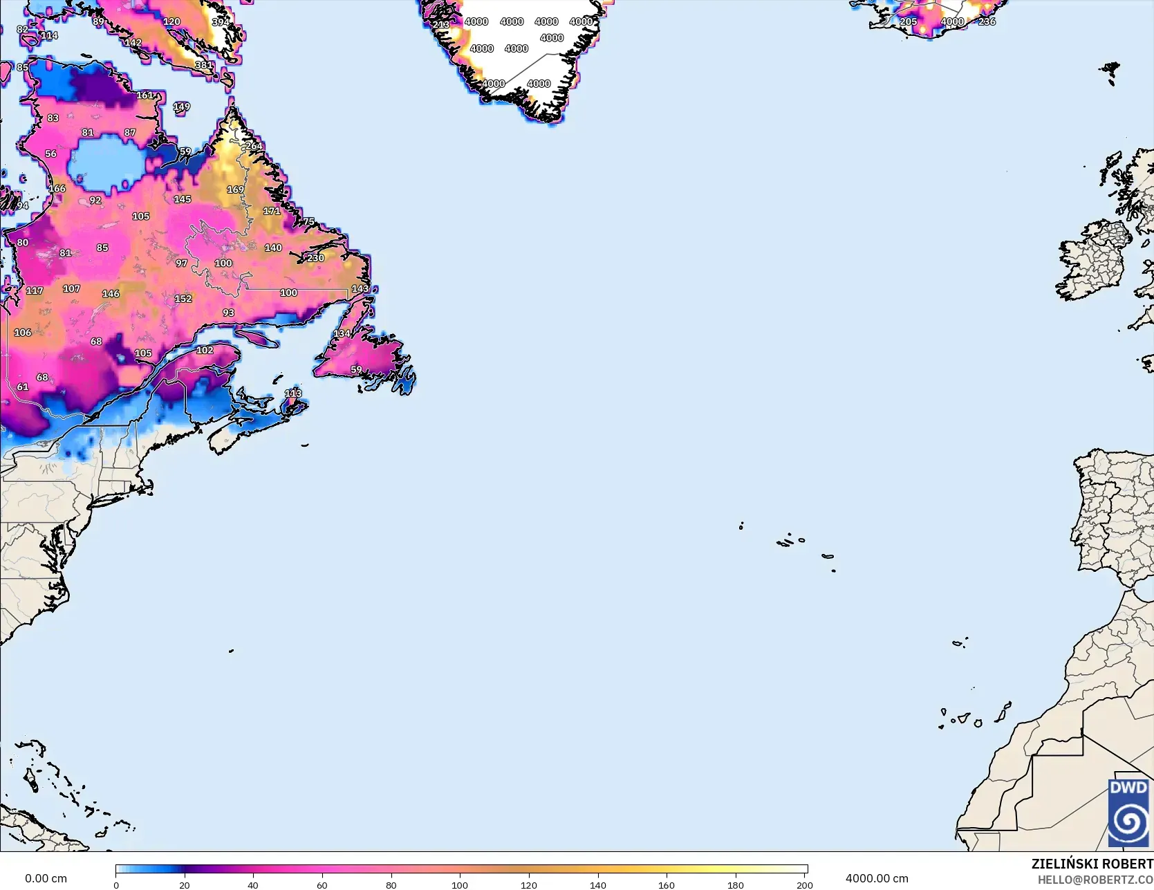 ICON modelo - Atlântico Norte, Profundidade da neve