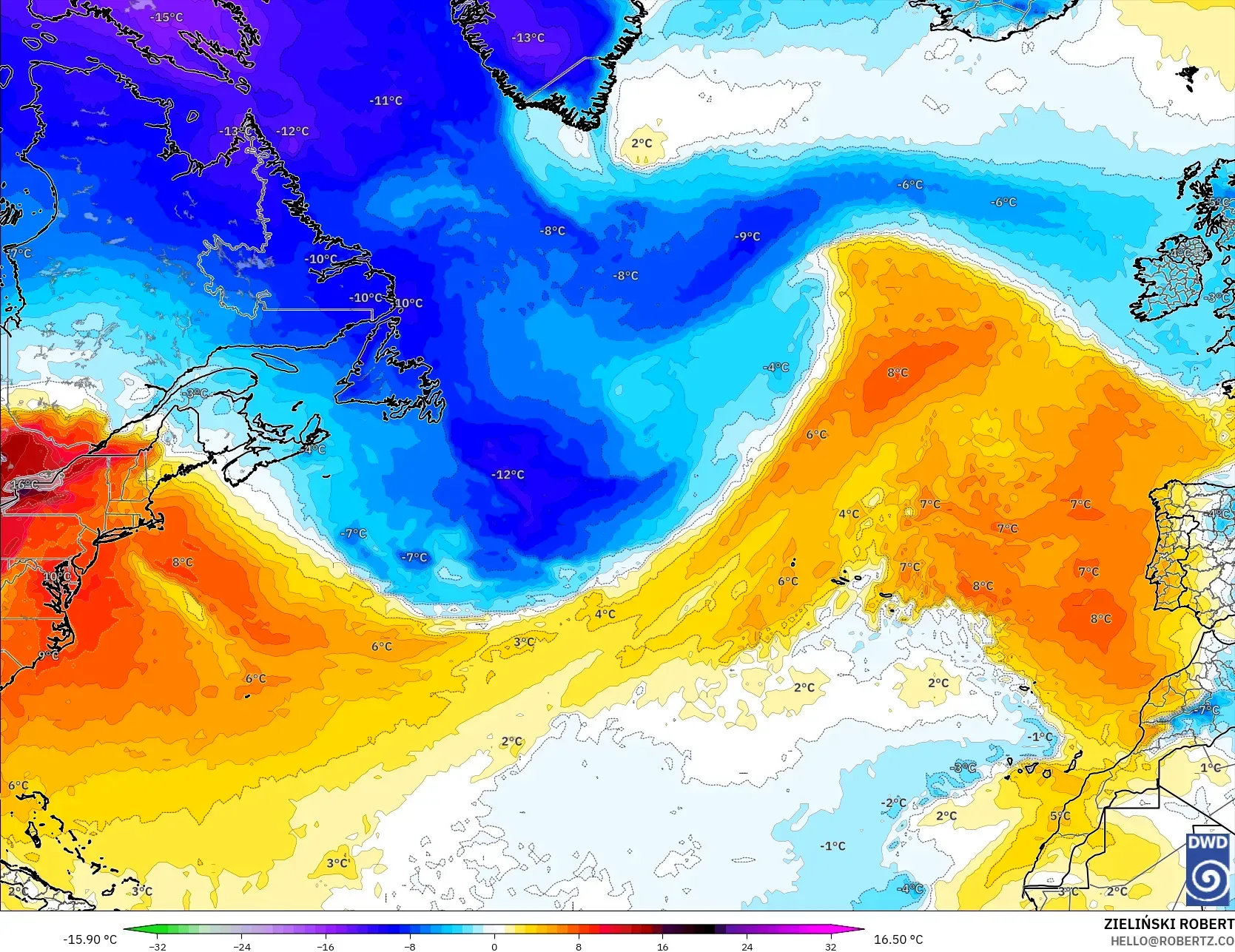 ICON modelo - Atlântico Norte, Anomalia de temperatura a 850 hPa