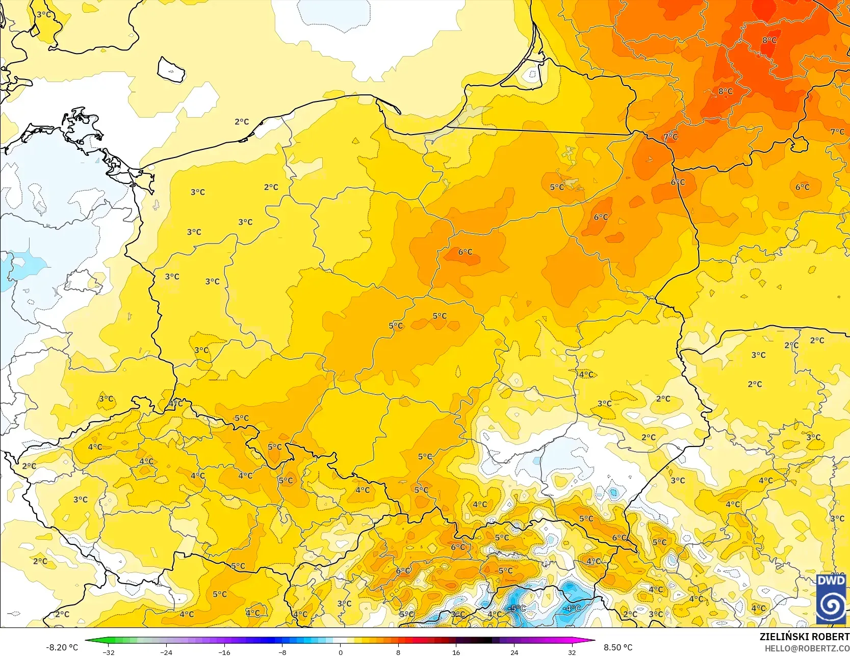 ICON modelo - Polônia, Anomalia de temperatura a 2 m