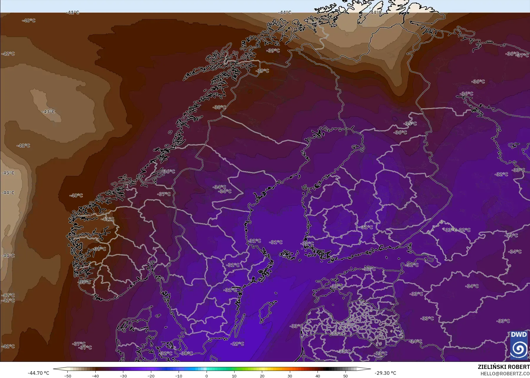 ICON modelo - Escandinávia, Temperatura a 500 hPa