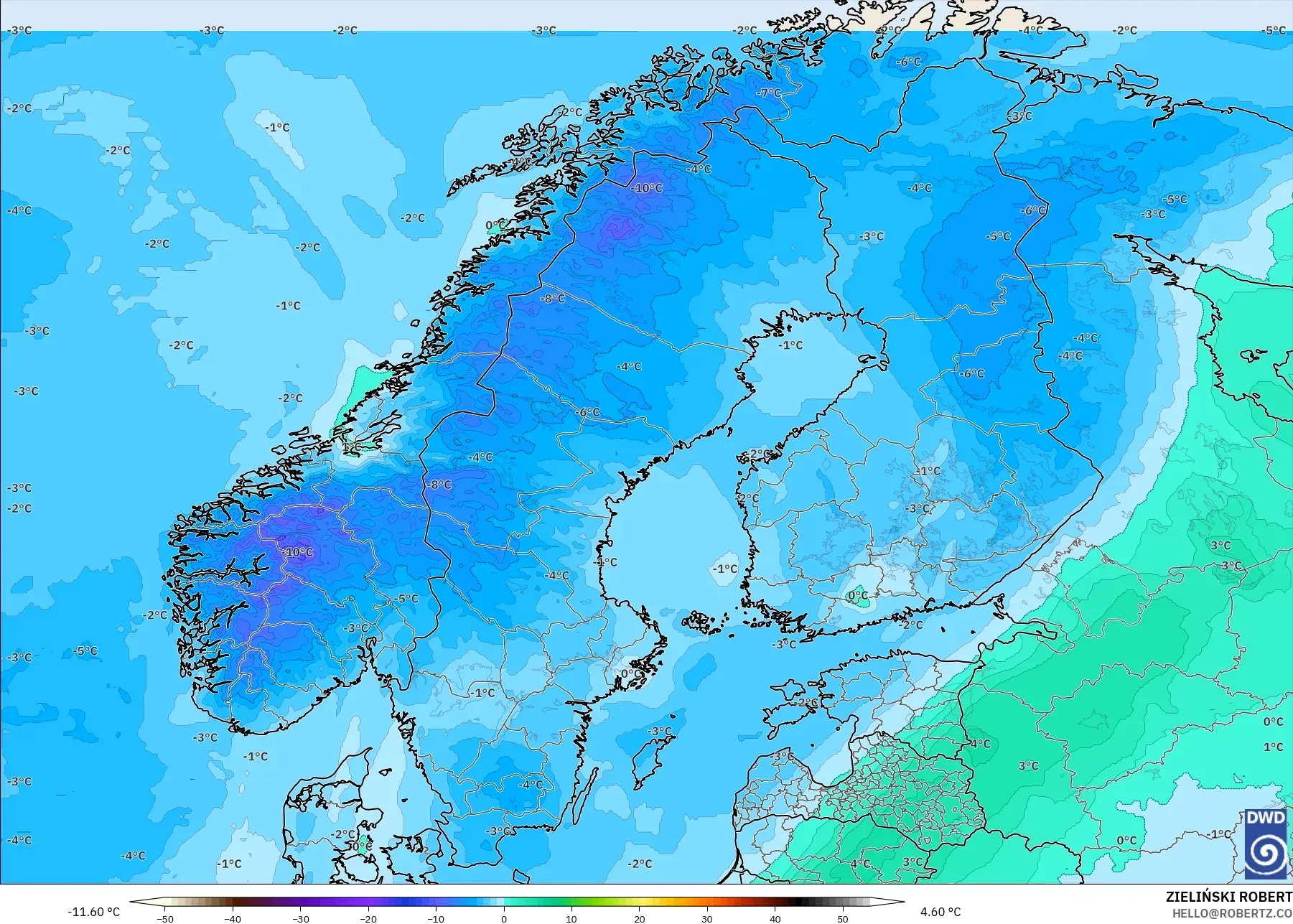 ICON modelo - Escandinávia, Temperatura a 850 hPa