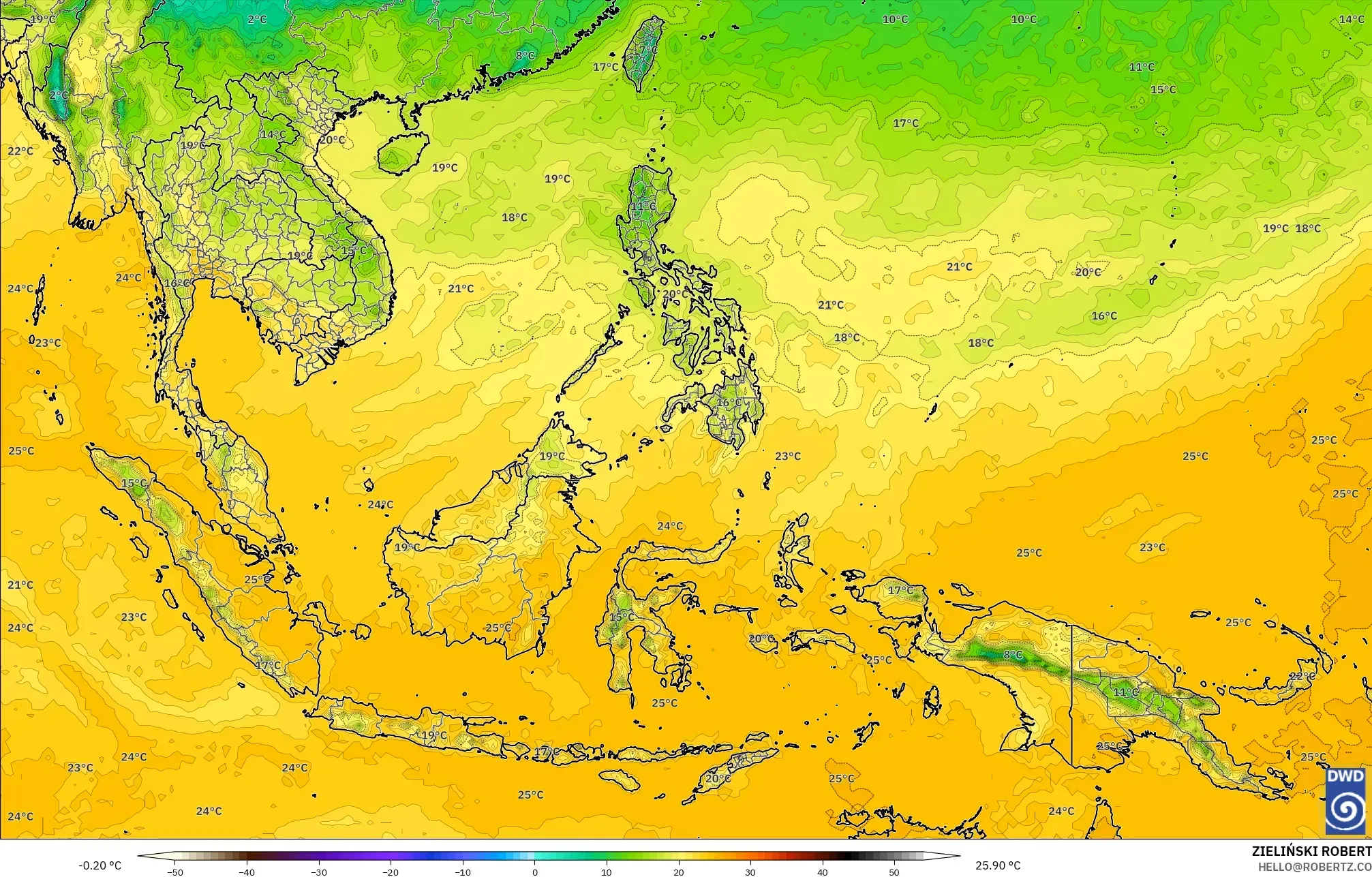 ICON modelo - Sudeste Asiático, Ponto de orvalho a 2 m