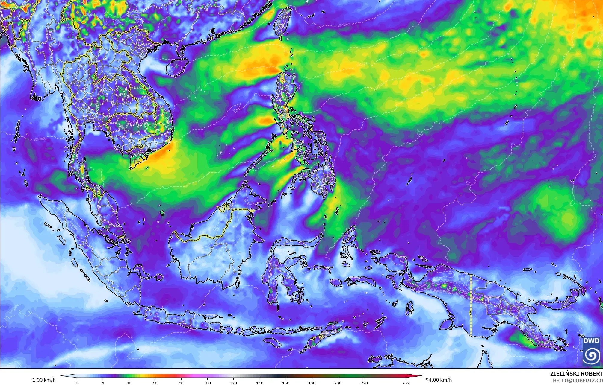 ICON modelo - Sudeste Asiático, Rajadas de Vento Máximas