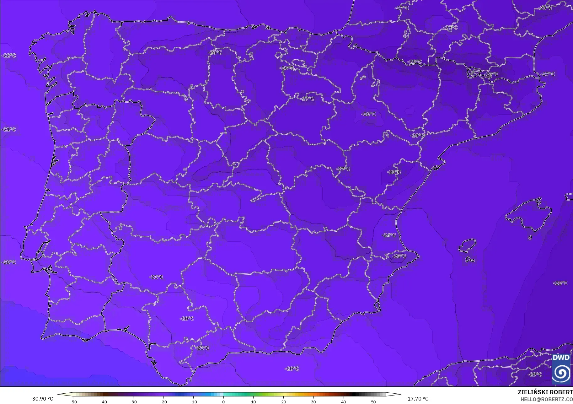ICON modelo - Espanha, Temperatura a 500 hPa
