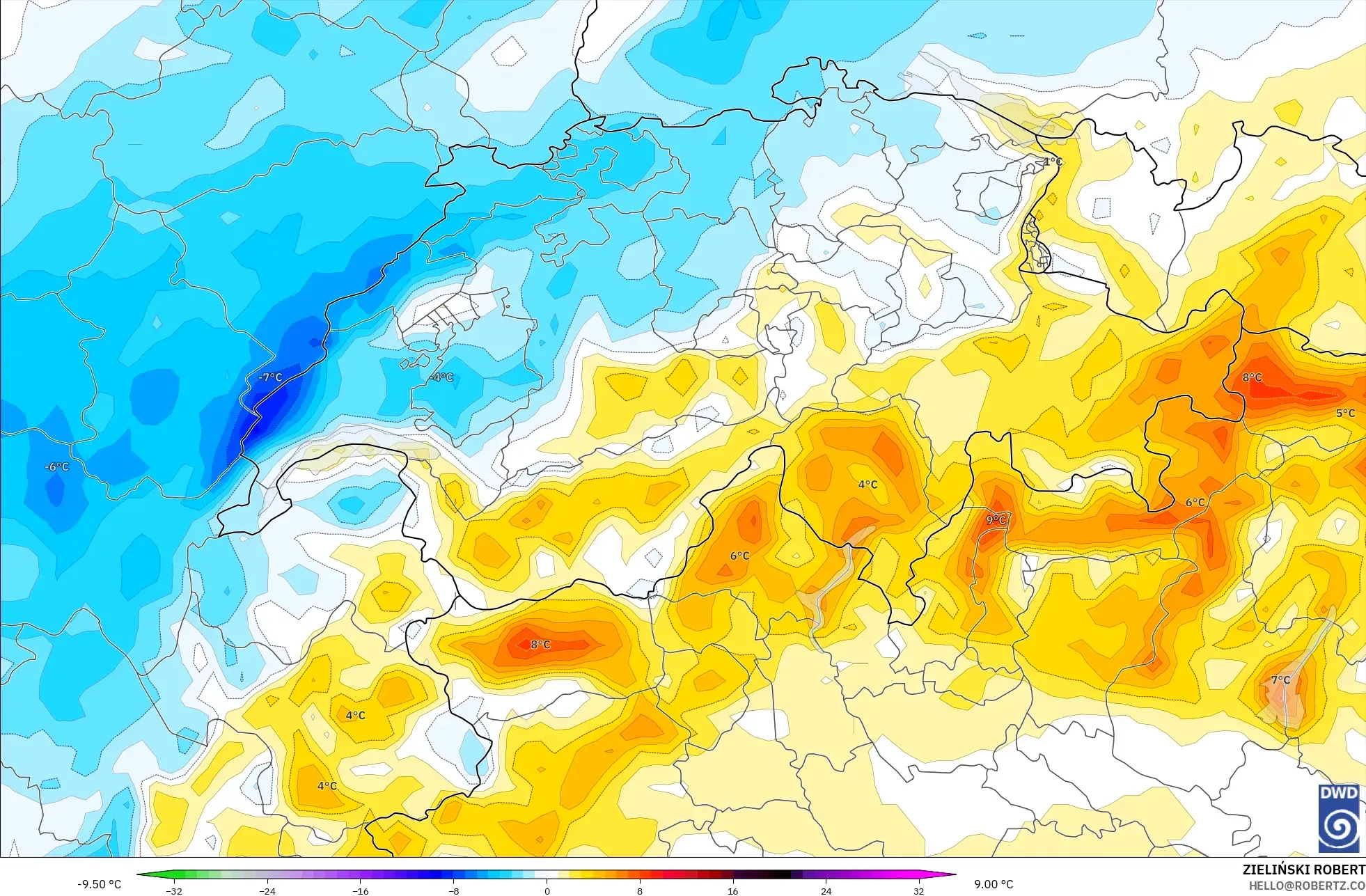 ICON modelo - Suíça, Anomalia de temperatura a 2 m