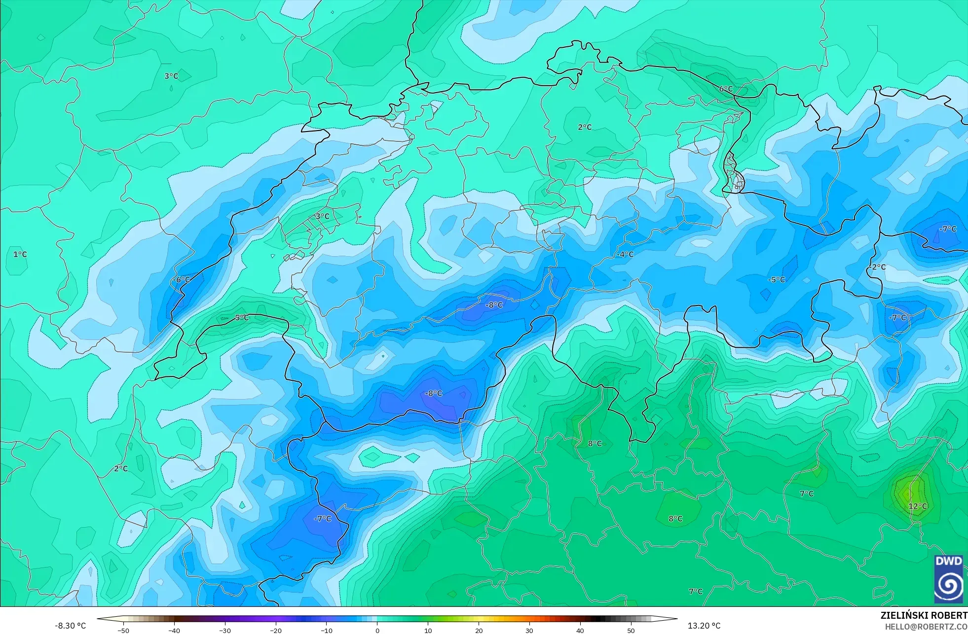 ICON modelo - Suíça, Temperatura a 2 m