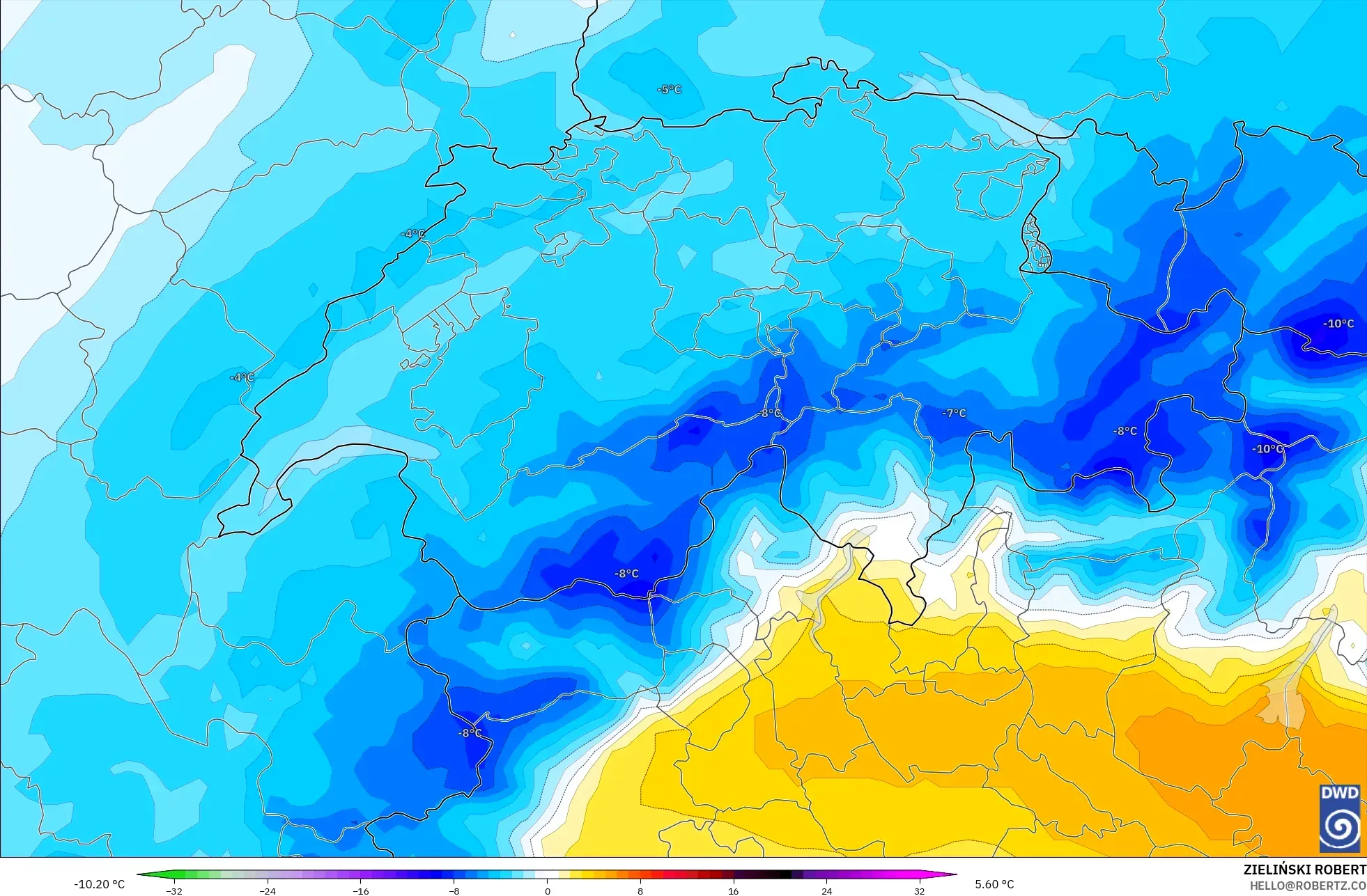 ICON modelo - Suíça, Anomalia de temperatura a 850 hPa