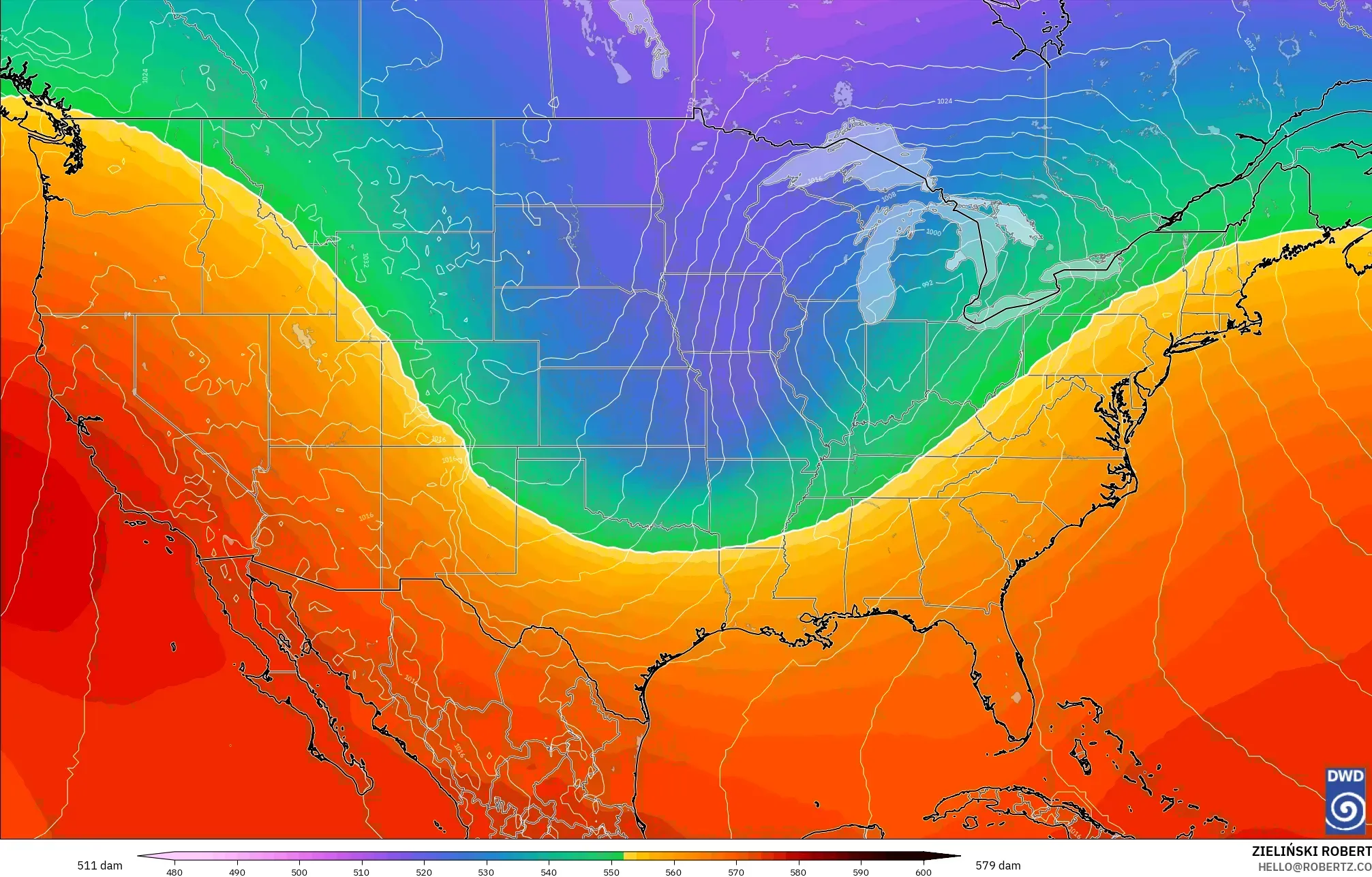 ICON modelo - Estados Unidos, Altura geopotencial a 500 hPa