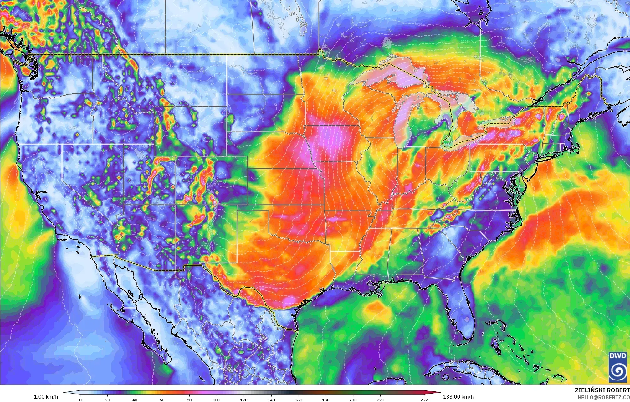 ICON modelo - Estados Unidos, Rajadas de vento