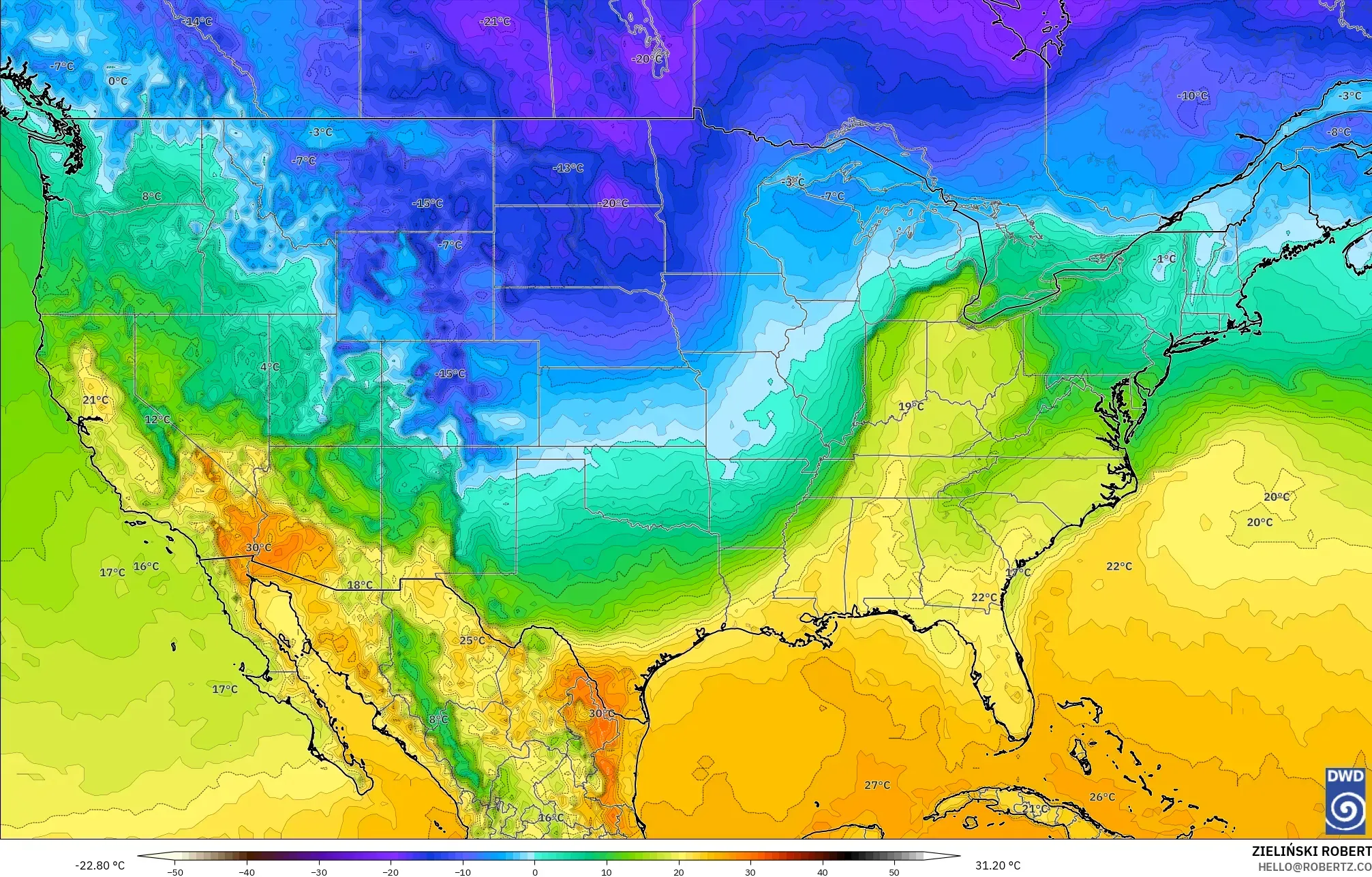 ICON modelo - Estados Unidos, Temperatura a 2 m