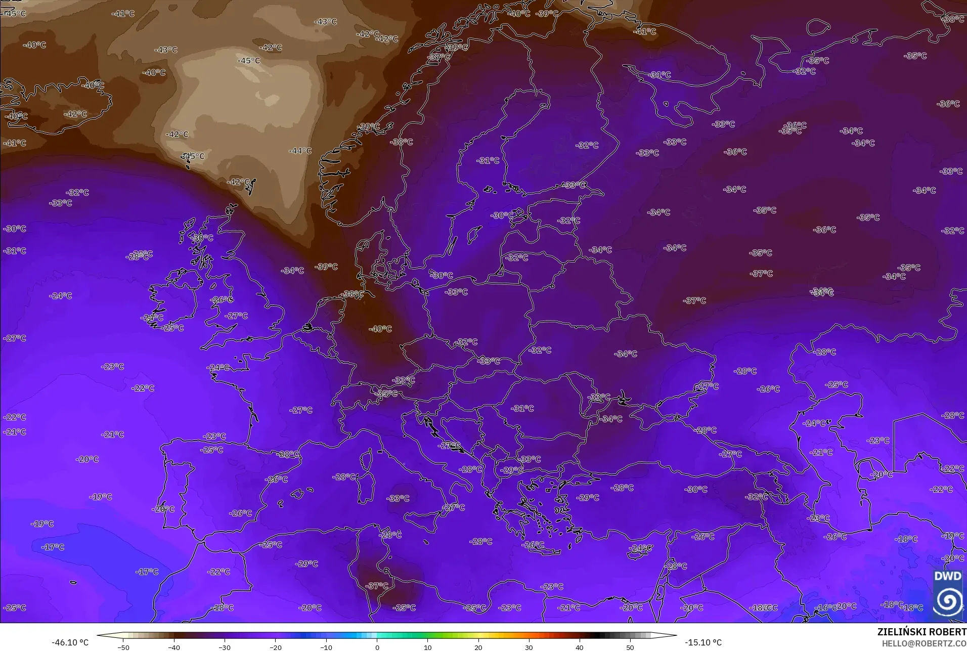 ICON modelo - Europa, Temperatura a 500 hPa