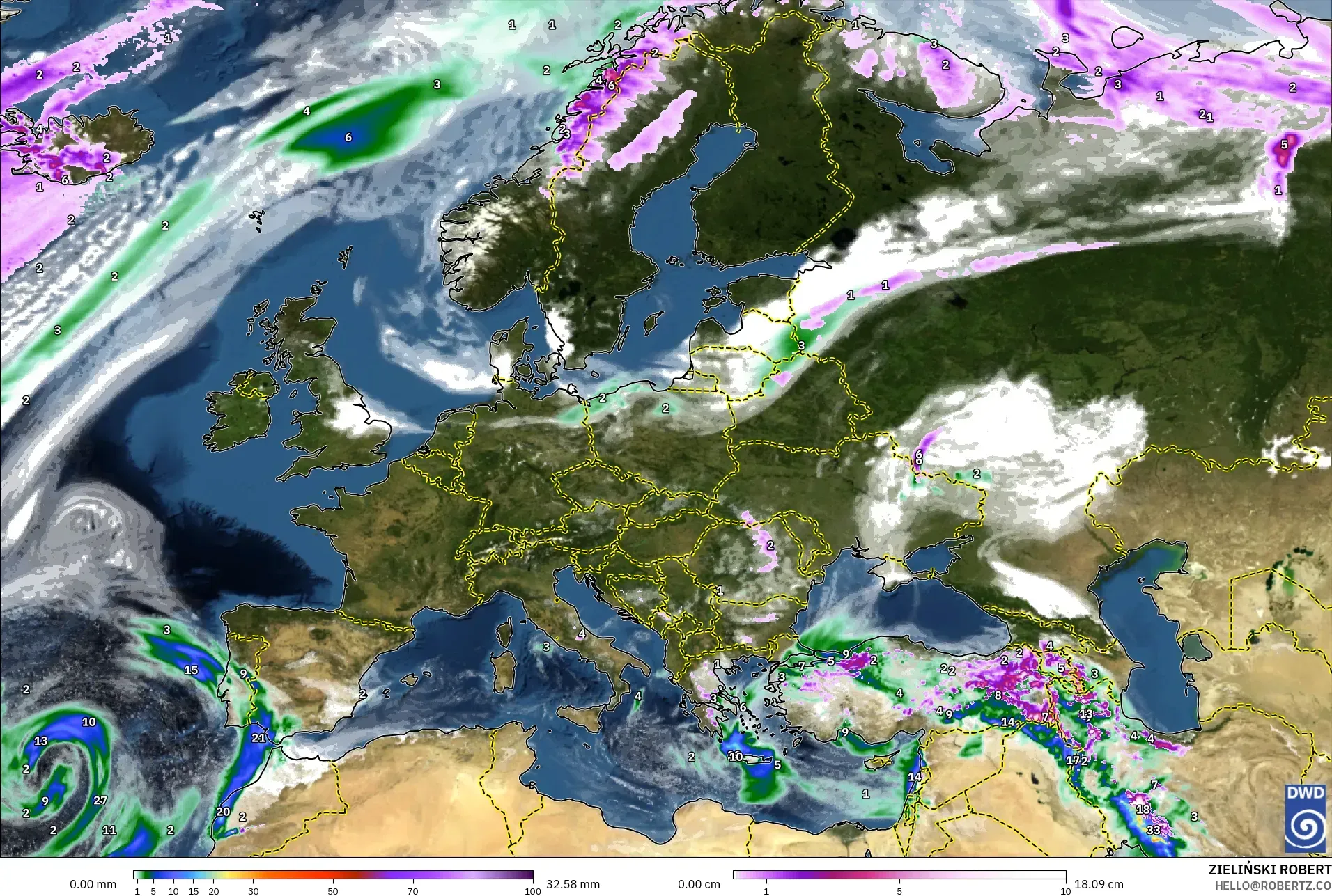 ICON modelo - Europa, Precipitação, nuvens e pressão