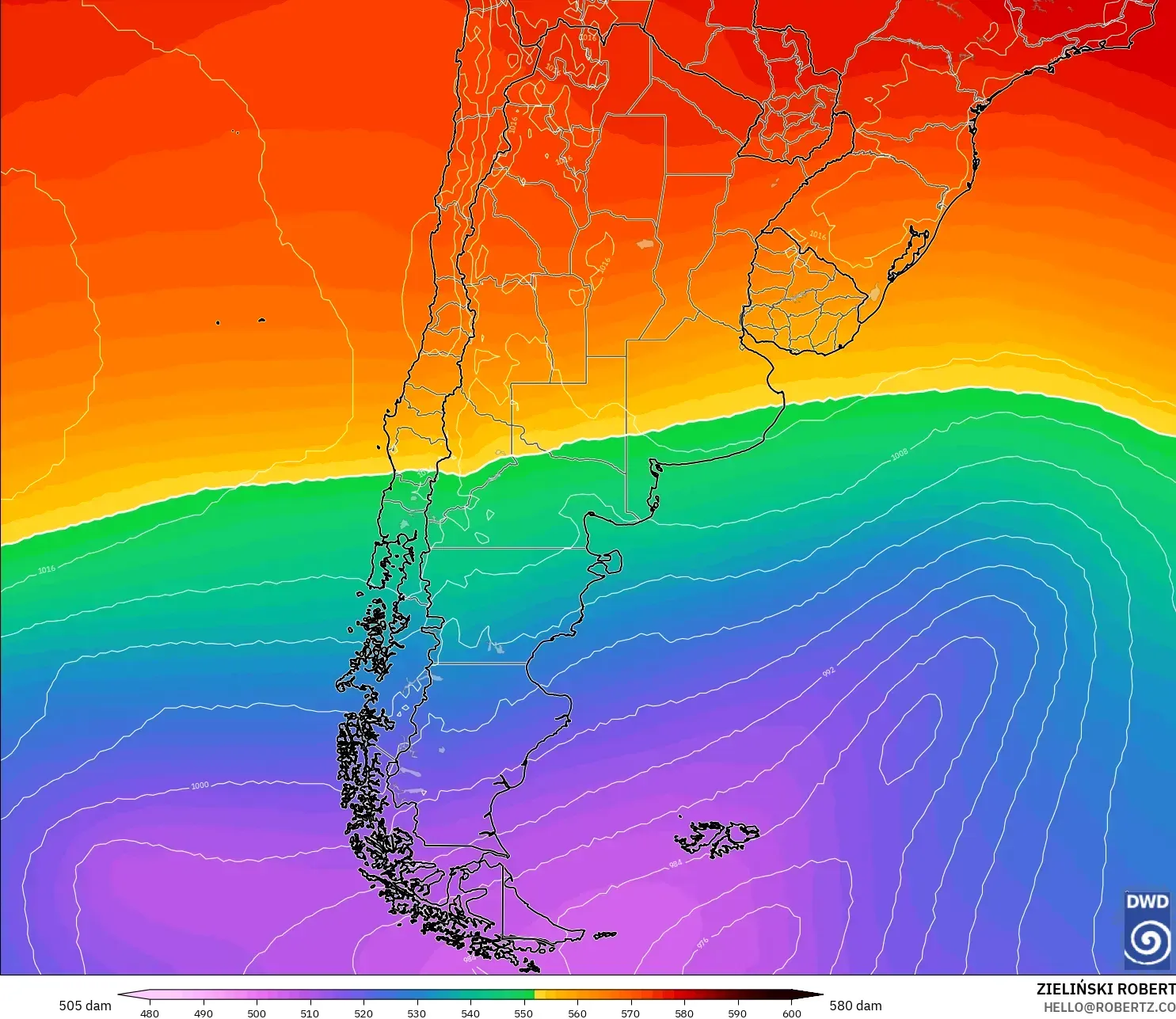 ICON modelo - Argentina, Altura geopotencial a 500 hPa