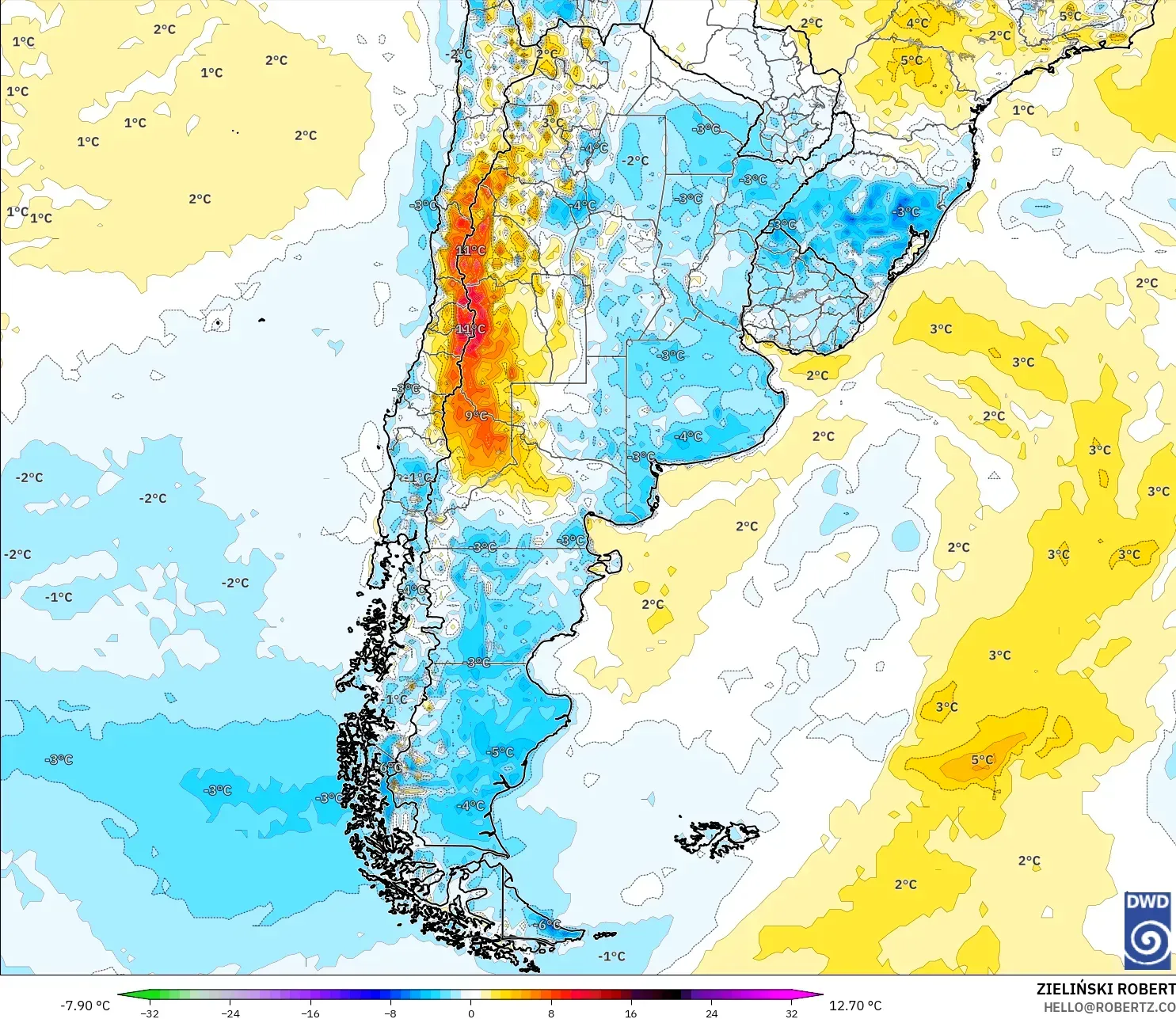 ICON modelo - Argentina, Anomalia de temperatura a 2 m