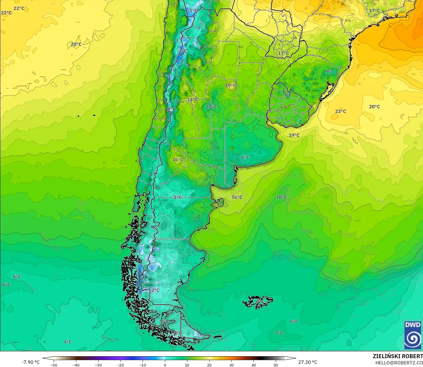 ICON modelo - Argentina, Temperatura a 2 m