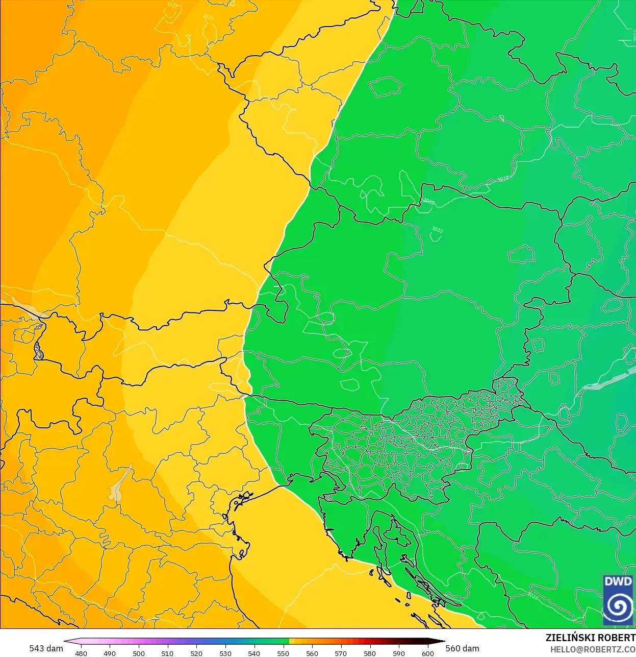 ICON modelo - Áustria, Altura geopotencial a 500 hPa