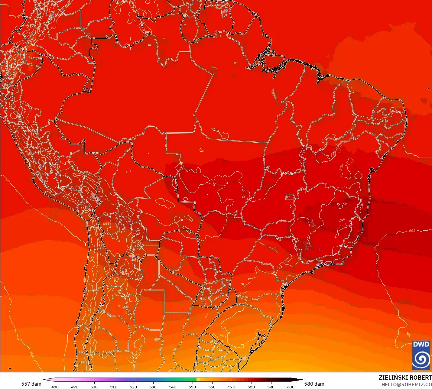 ICON modelo - Brasil, Altura geopotencial a 500 hPa
