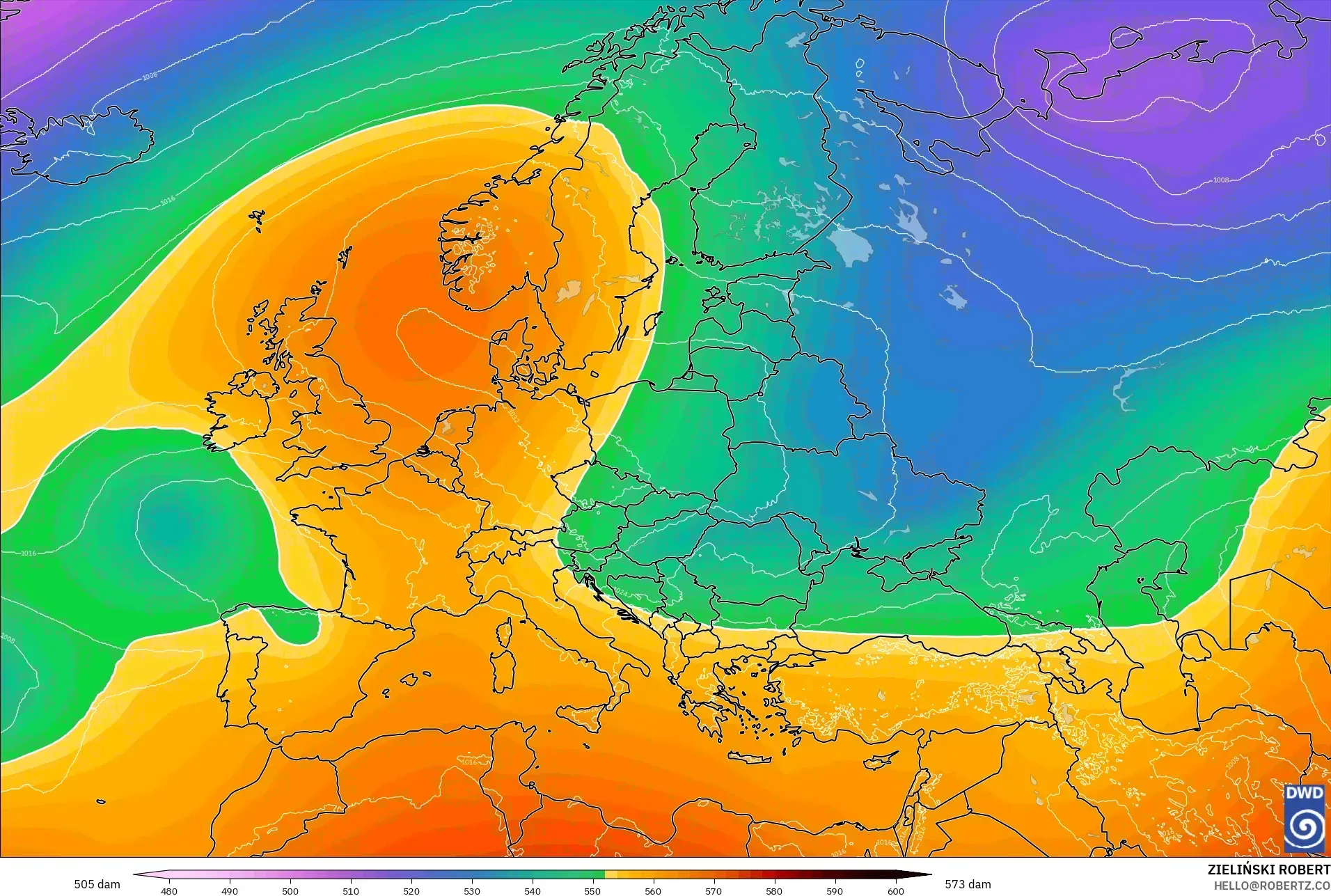 ICON modelo - Europa, Altura geopotencial a 500 hPa