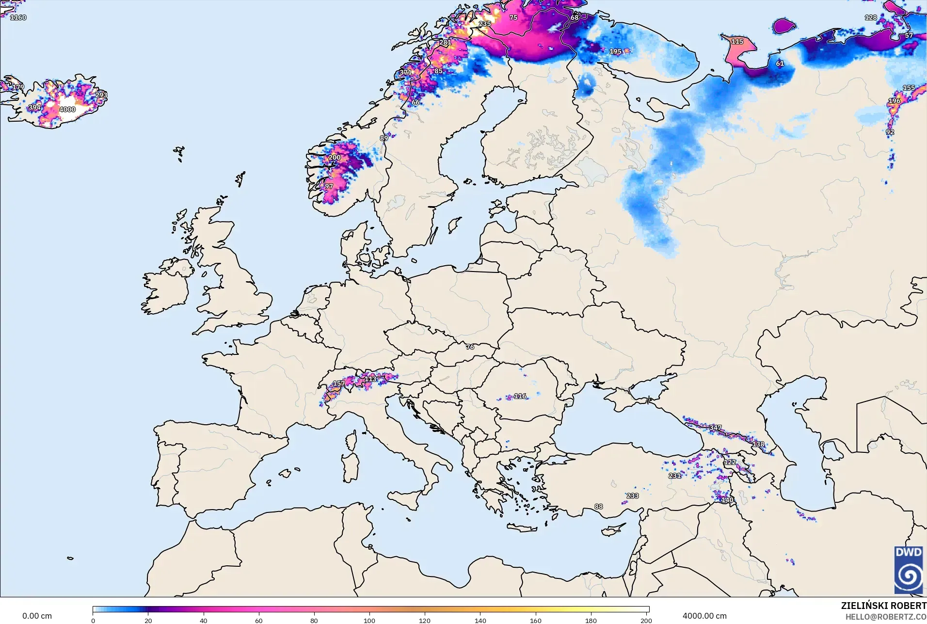 ICON modelo - Europa, Profundidade da neve