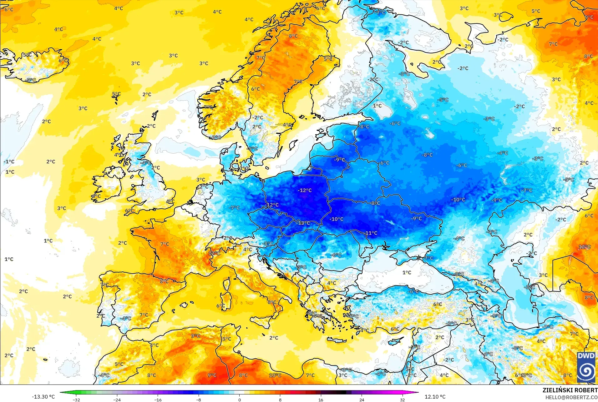 ICON modelo - Europa, Anomalia de temperatura a 2 m