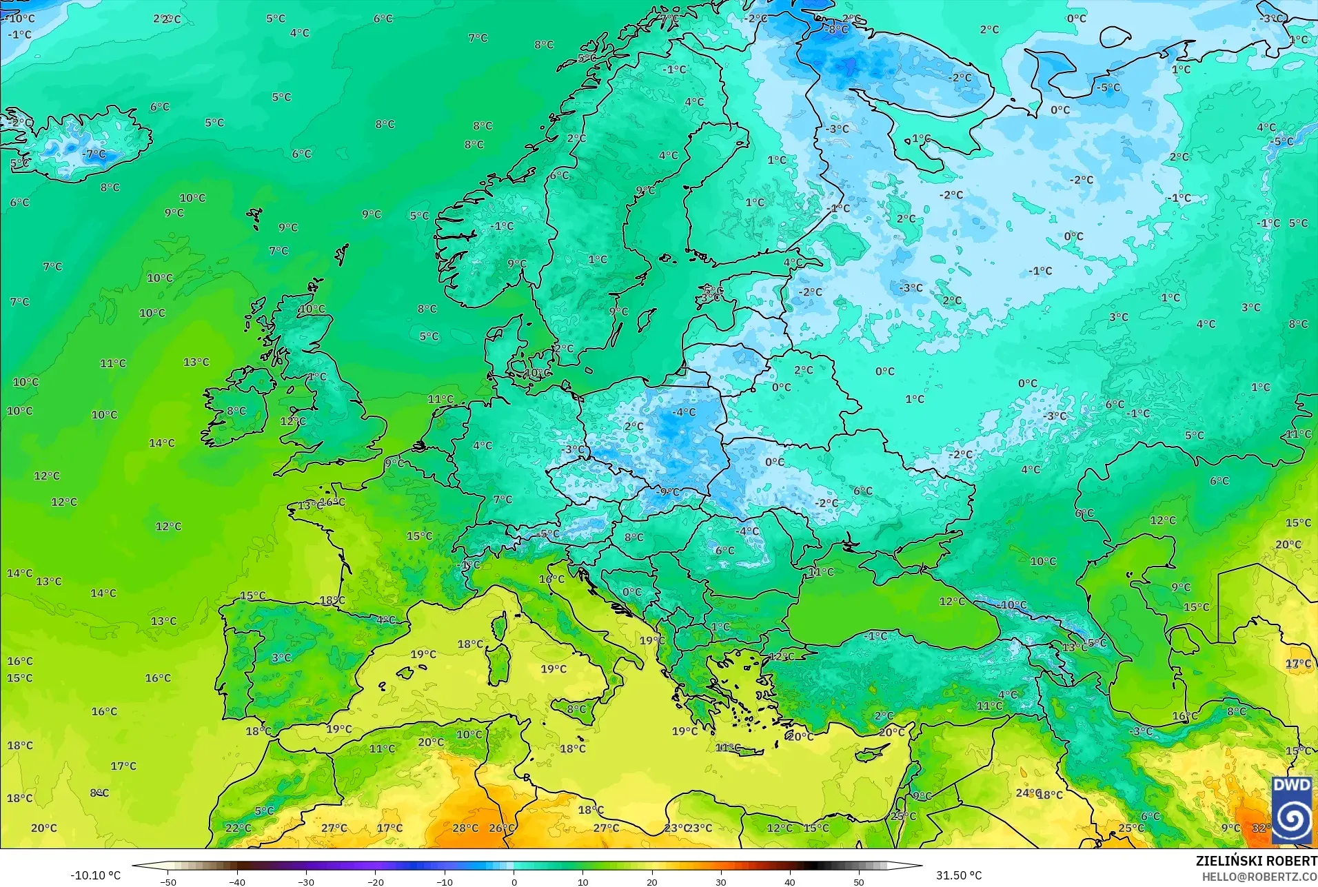 ICON modelo - Europa, Temperatura a 2 m