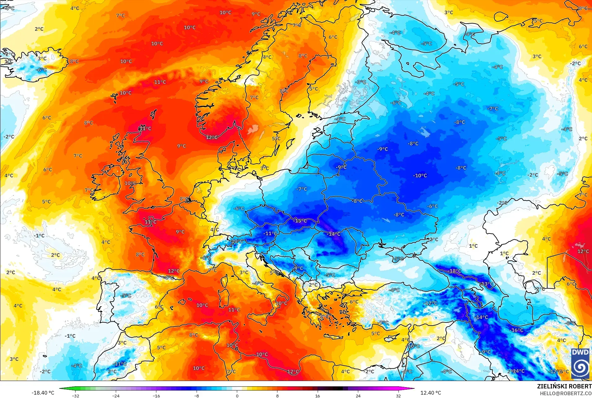 ICON modelo - Europa, Anomalia de temperatura a 850 hPa