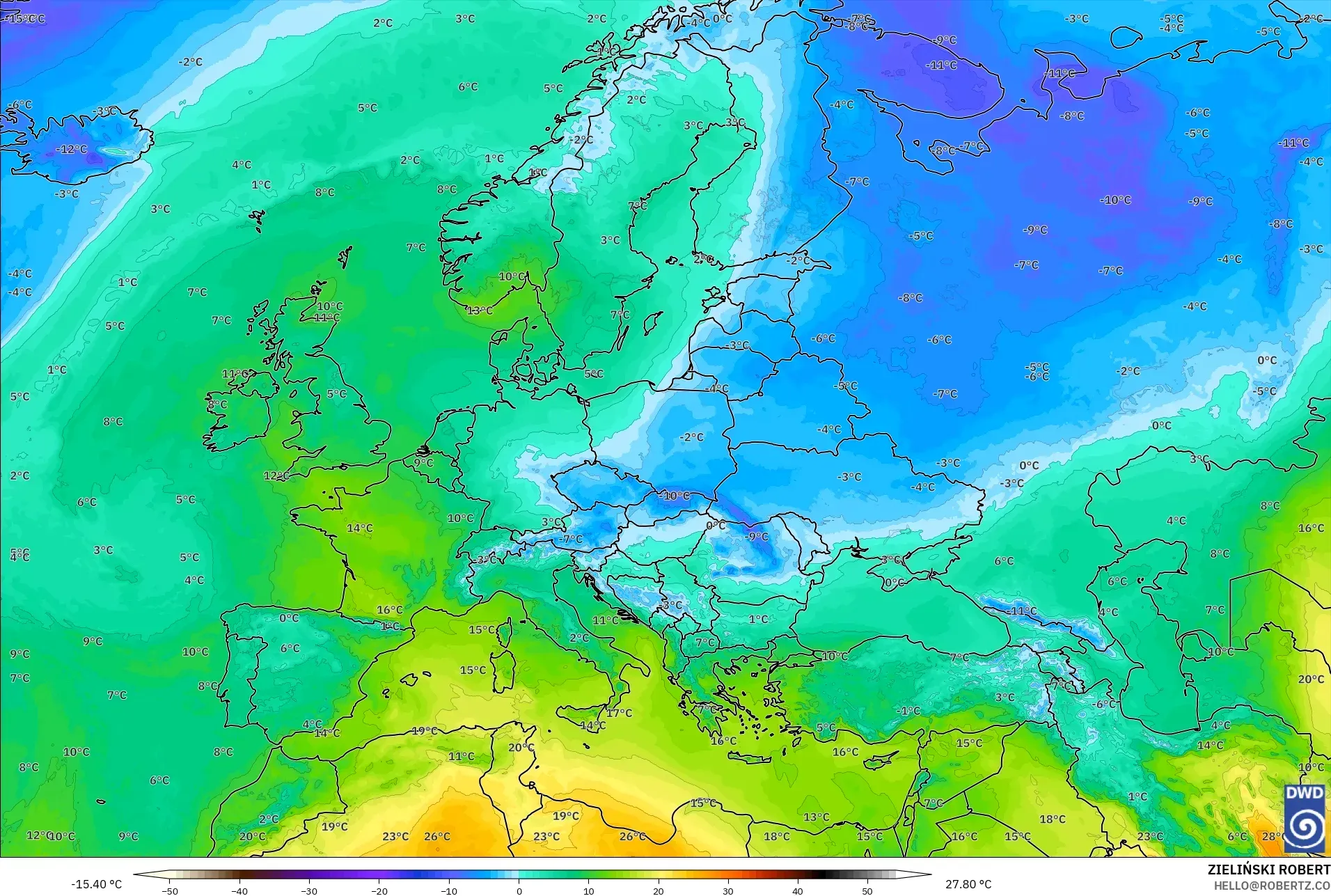 ICON modelo - Europa, Temperatura a 850 hPa