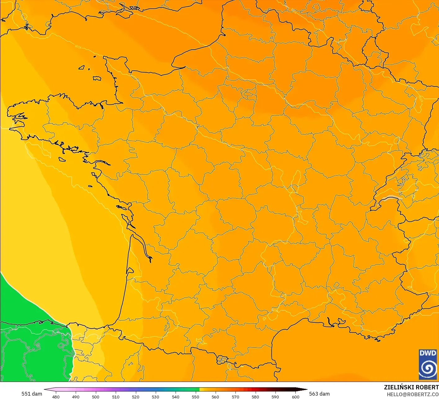 ICON modelo - França, Altura geopotencial a 500 hPa