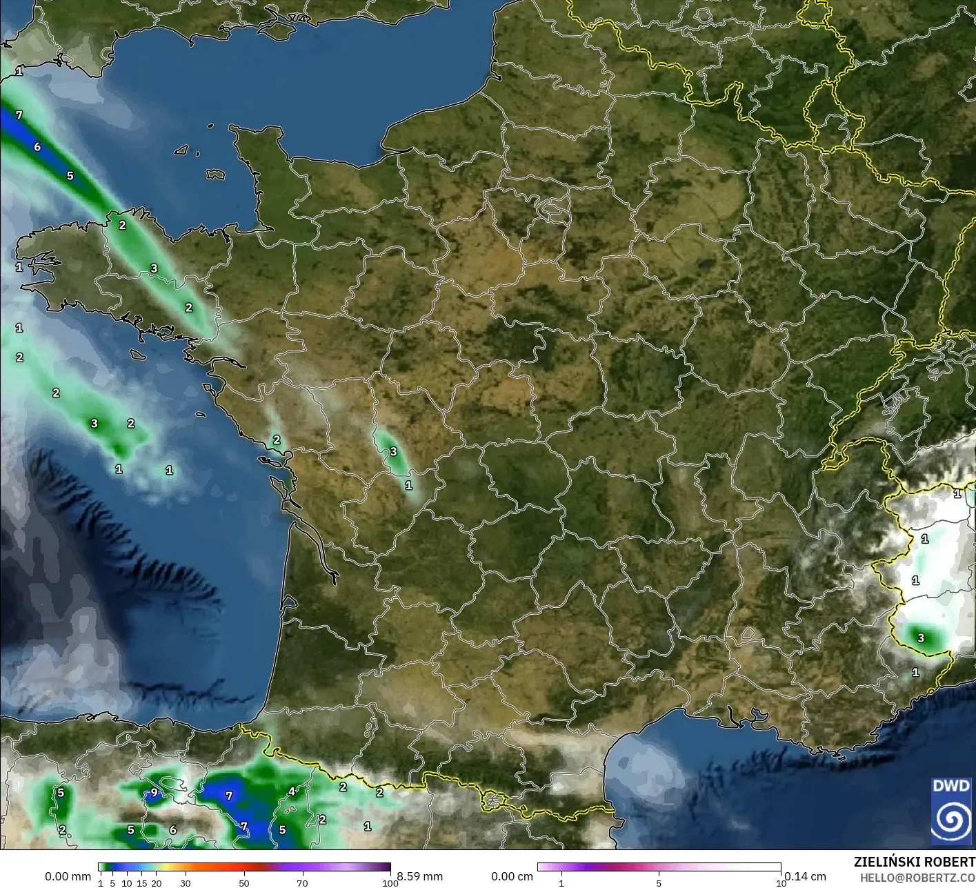 ICON modelo - França, Precipitação, nuvens e pressão