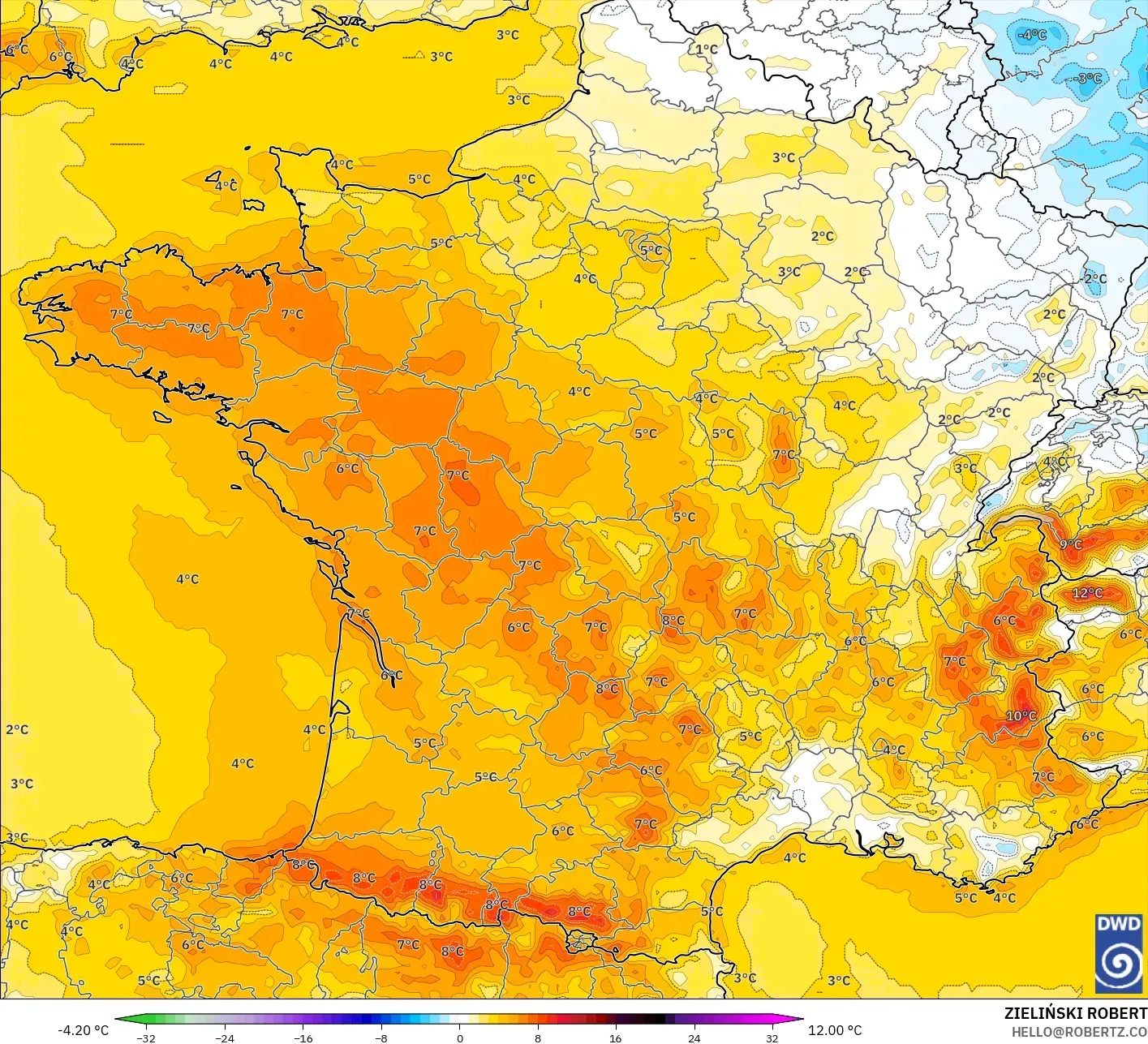 ICON modelo - França, Anomalia de temperatura a 2 m