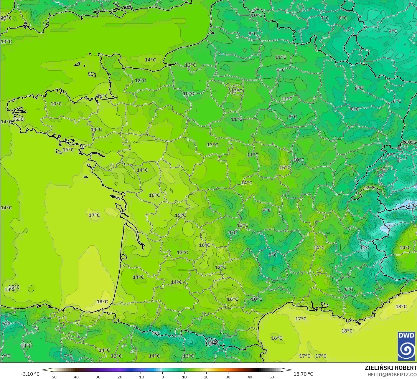 ICON modelo - França, Temperatura a 2 m