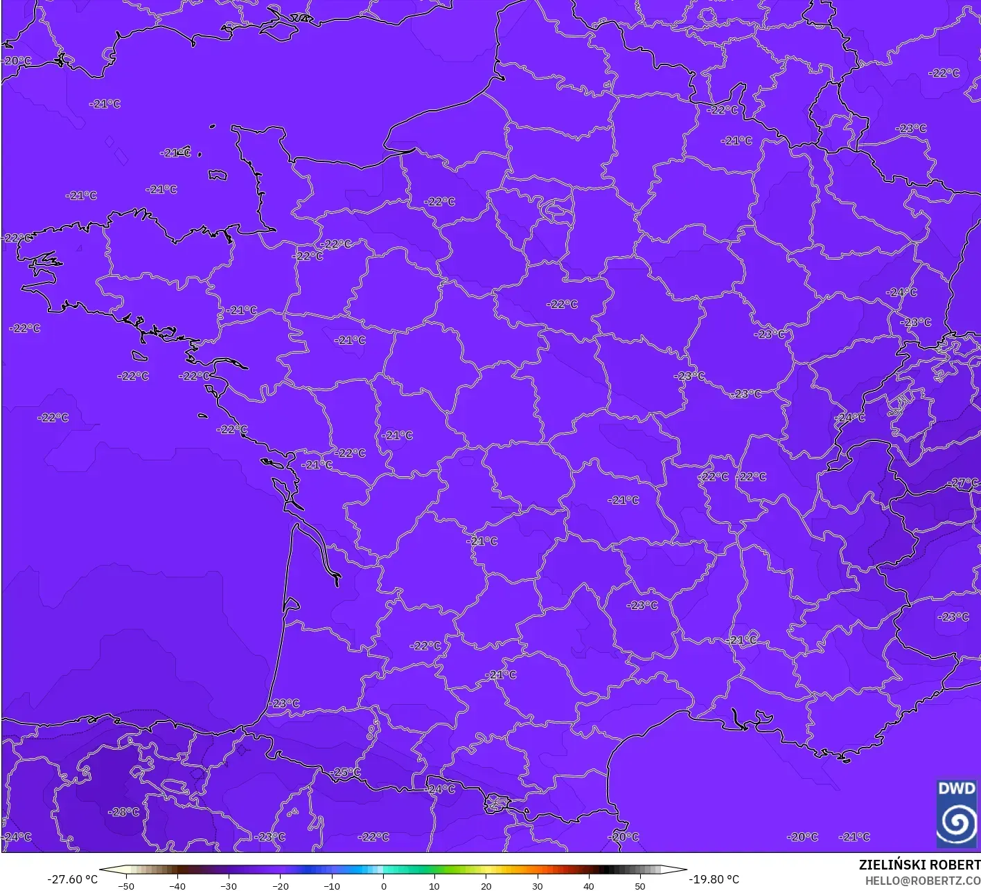 ICON modelo - França, Temperatura a 500 hPa
