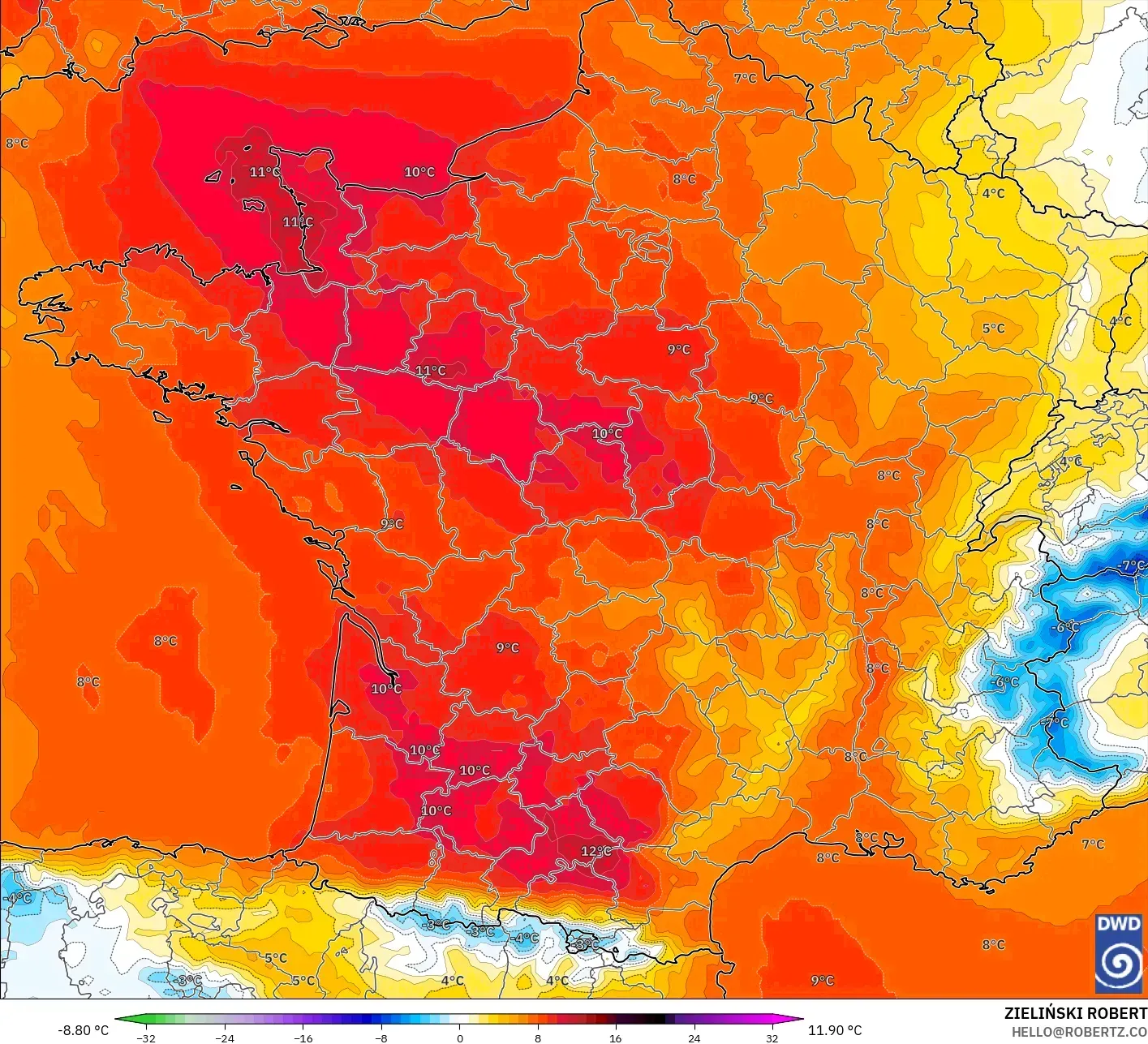 ICON modelo - França, Anomalia de temperatura a 850 hPa