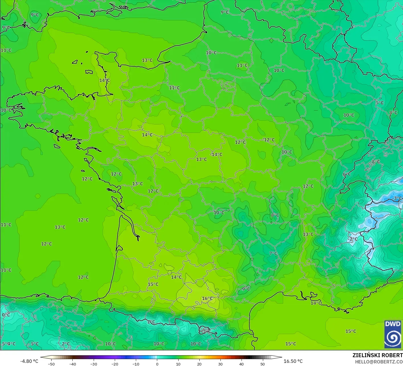 ICON modelo - França, Temperatura a 850 hPa