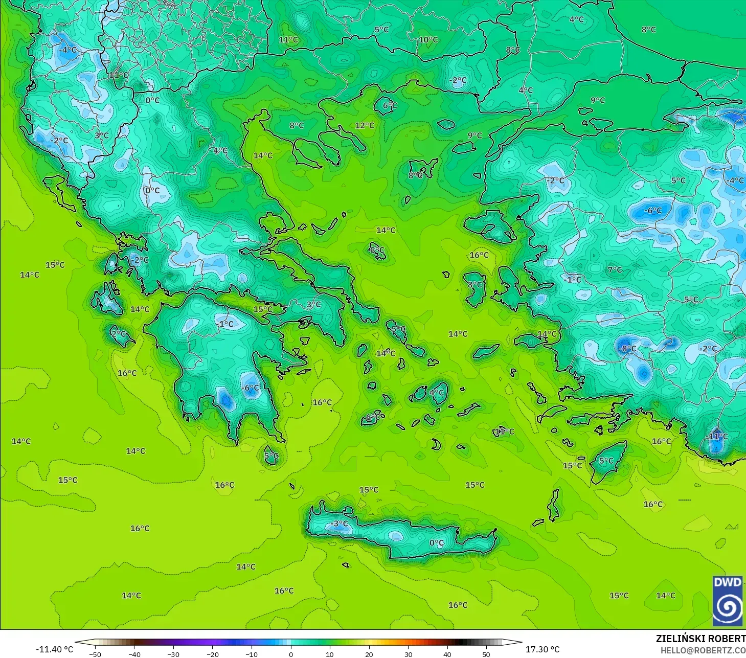ICON modelo - Grécia, Ponto de orvalho a 2 m