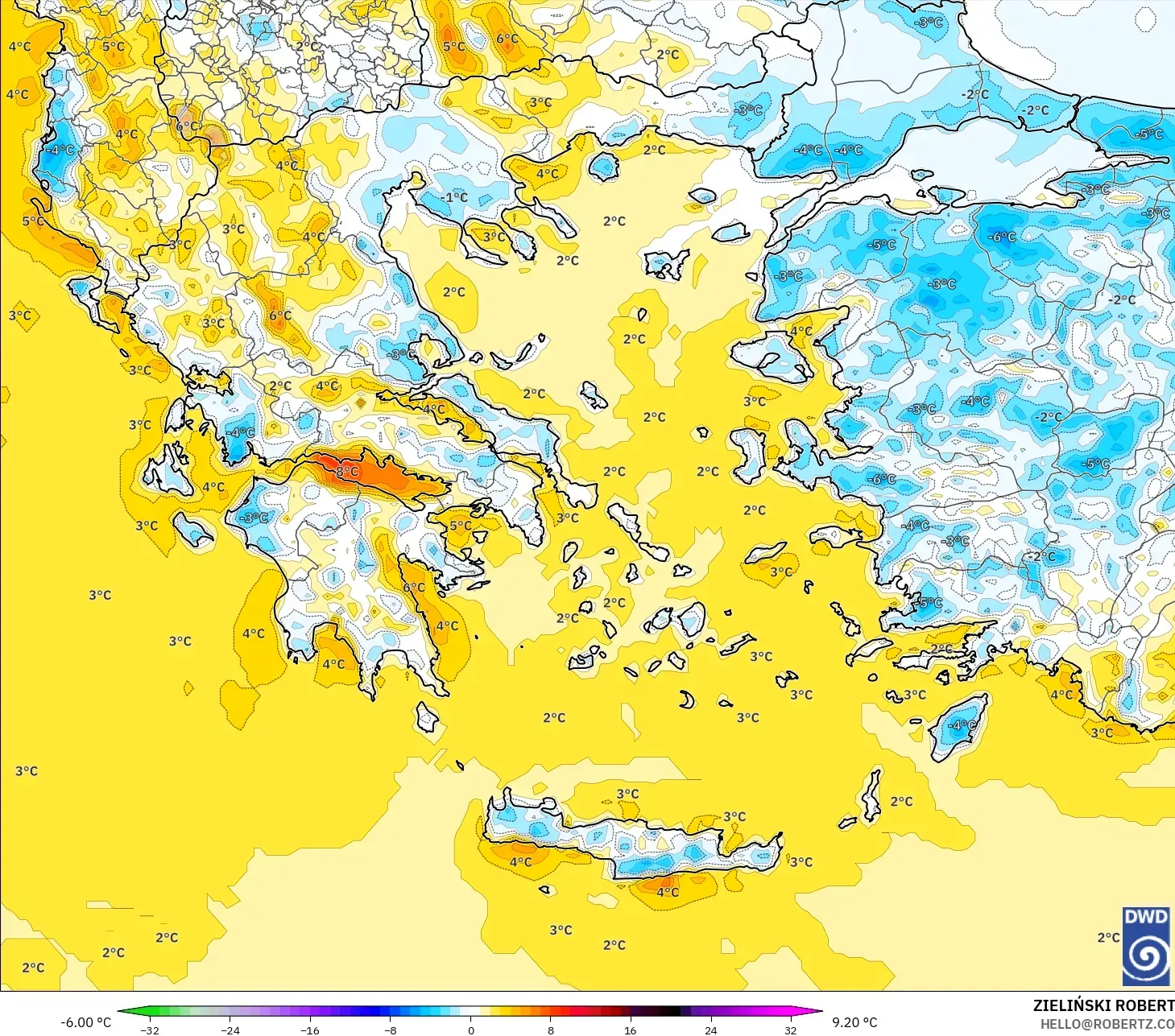 ICON modelo - Grécia, Anomalia de temperatura a 2 m