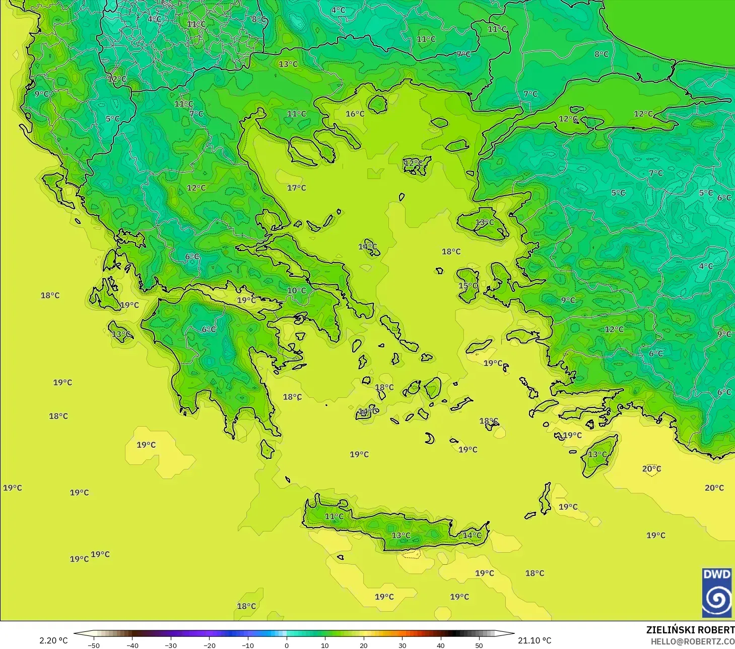 ICON modelo - Grécia, Temperatura a 2 m