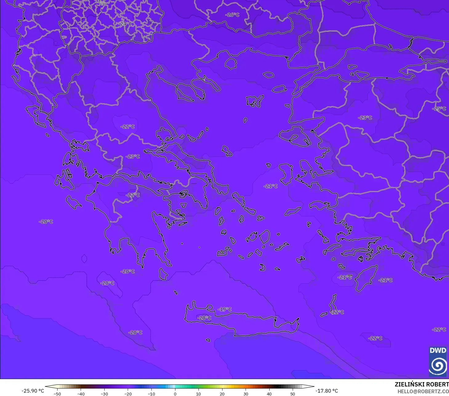 ICON modelo - Grécia, Temperatura a 500 hPa