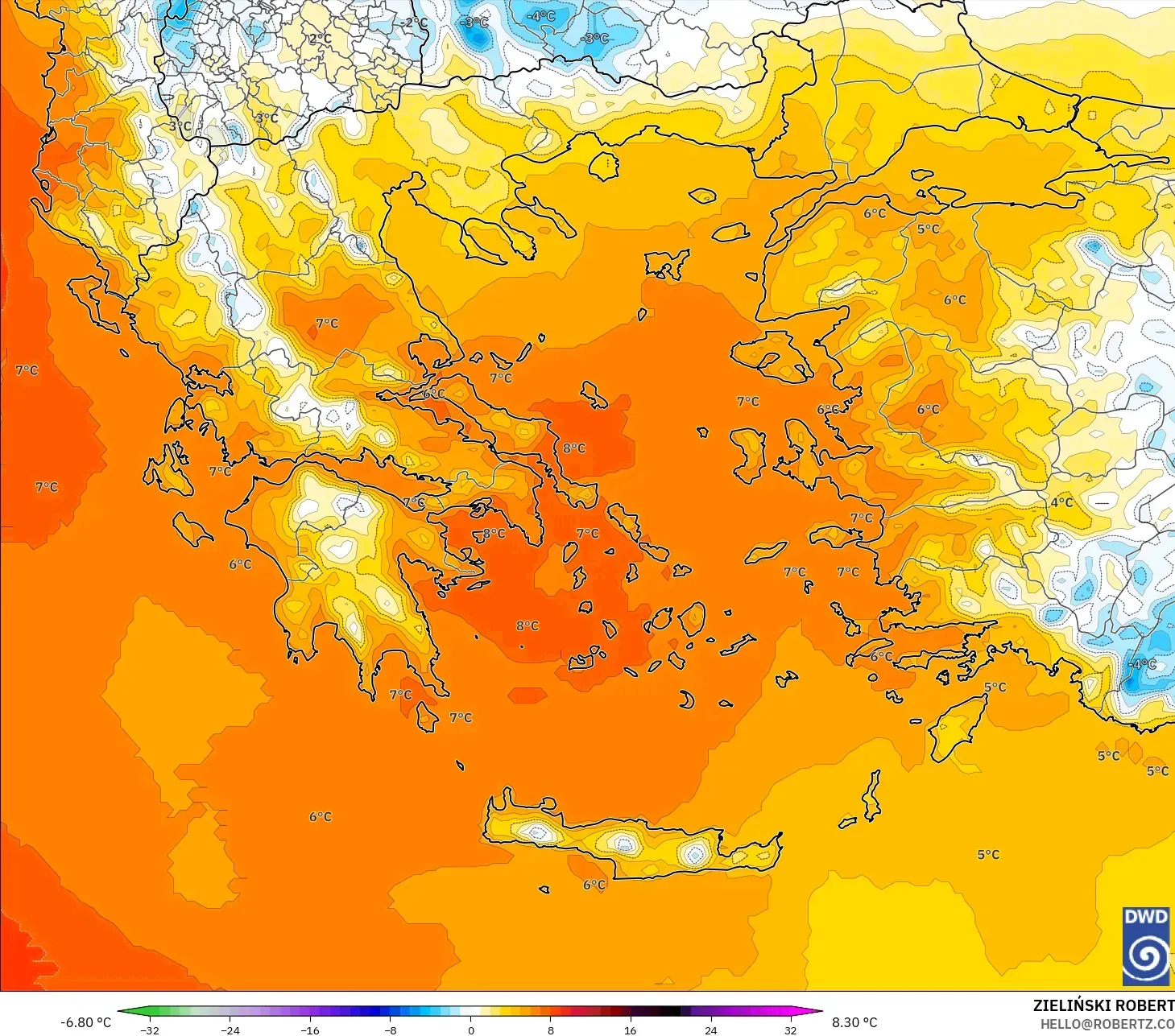 ICON modelo - Grécia, Anomalia de temperatura a 850 hPa