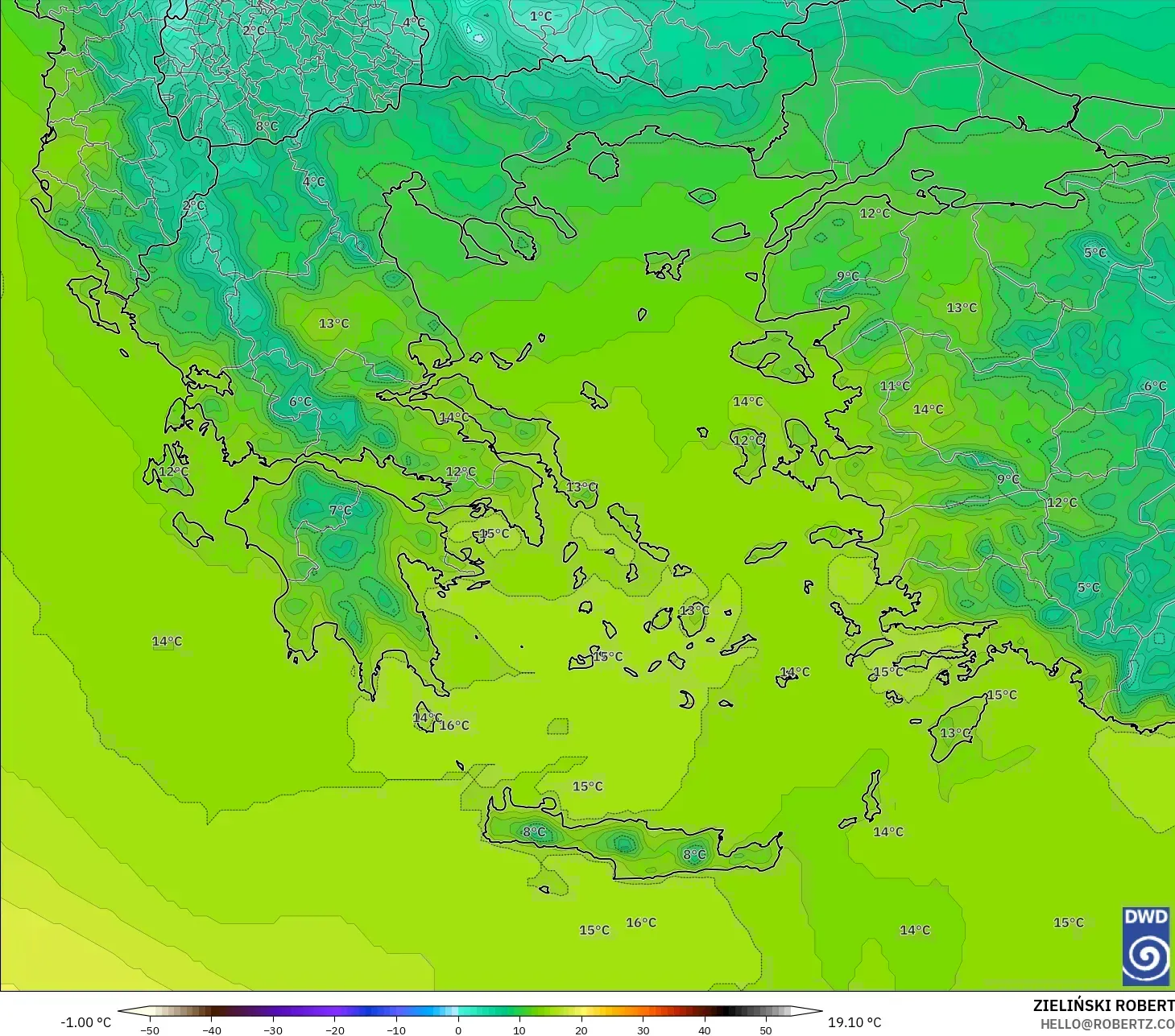 ICON modelo - Grécia, Temperatura a 850 hPa