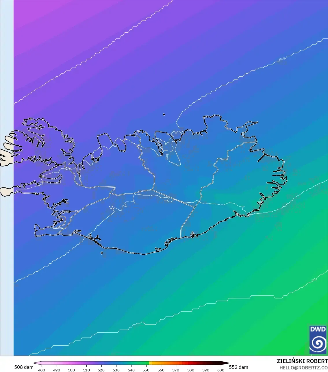 ICON modelo - Islândia, Altura geopotencial a 500 hPa