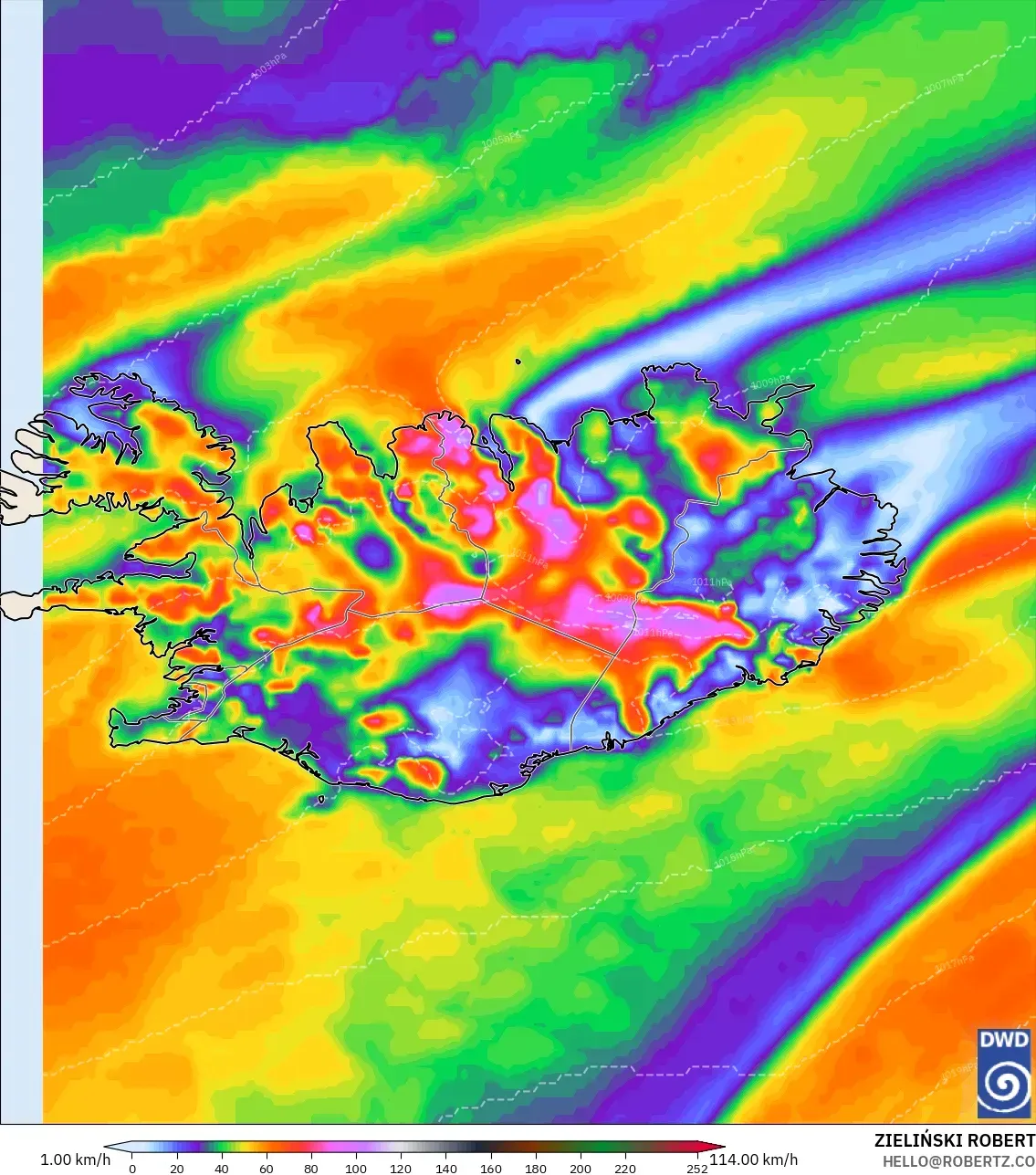 ICON modelo - Islândia, Rajadas de vento