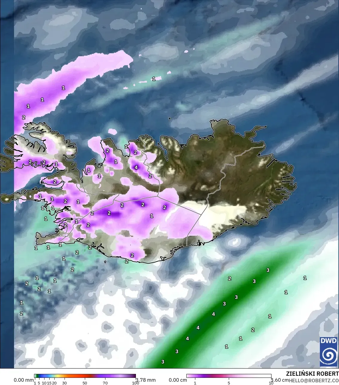 ICON modelo - Islândia, Precipitação, nuvens e pressão